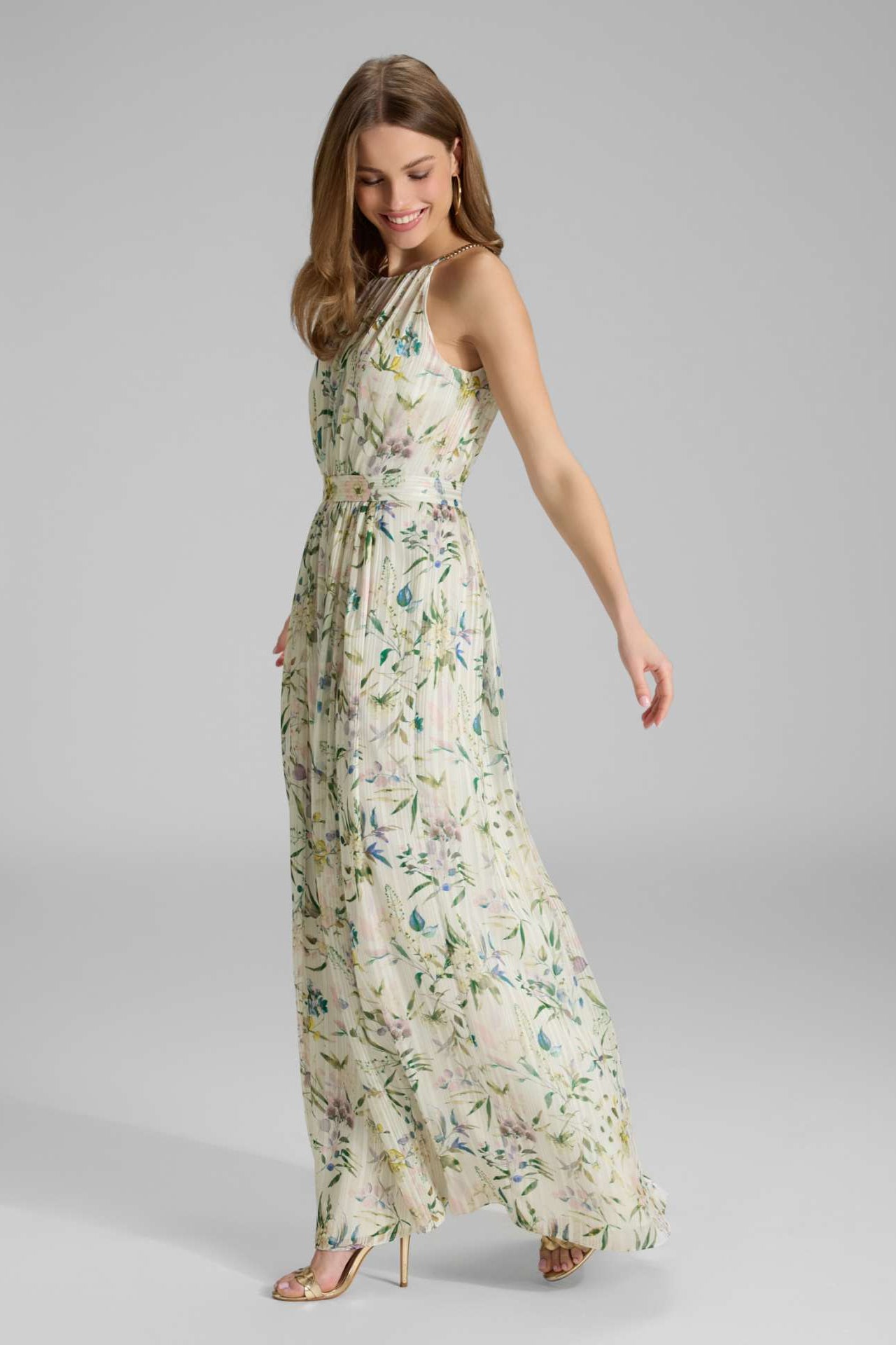 Abendkleid aus bedrucktem Chiffon mit Glitzerstreifen und Zierträgern