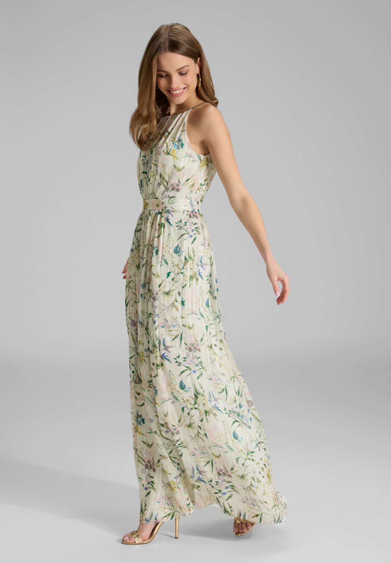 Abendkleid aus bedrucktem Chiffon mit Glitzerstreifen und Zierträgern