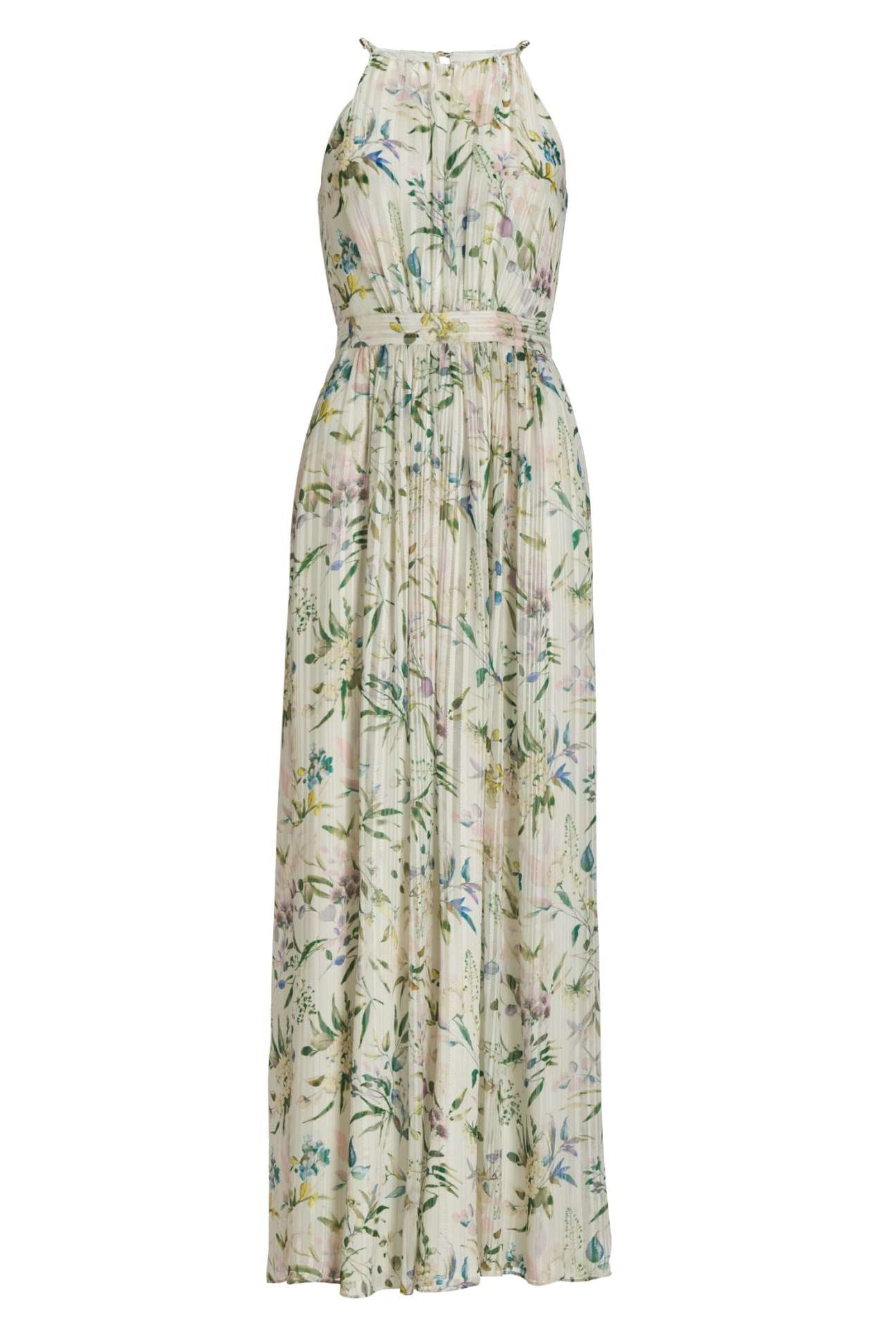 Abendkleid aus bedrucktem Chiffon mit Glitzerstreifen und Zierträgern