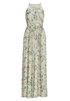 Abendkleid aus bedrucktem Chiffon mit Glitzerstreifen und Zierträgern