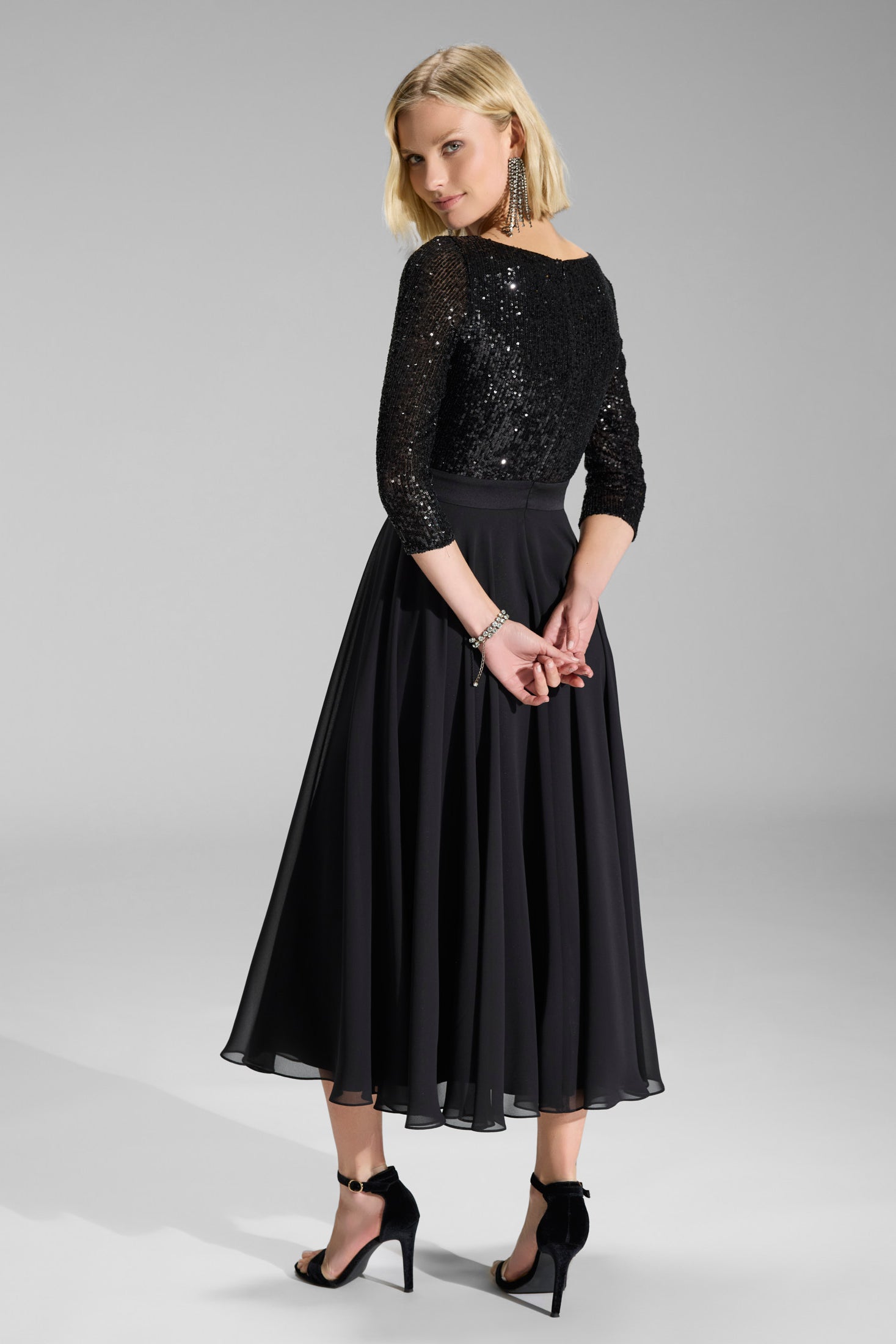 Midi Kleid mit Top aus elastischer Paillette und Chiffonrock