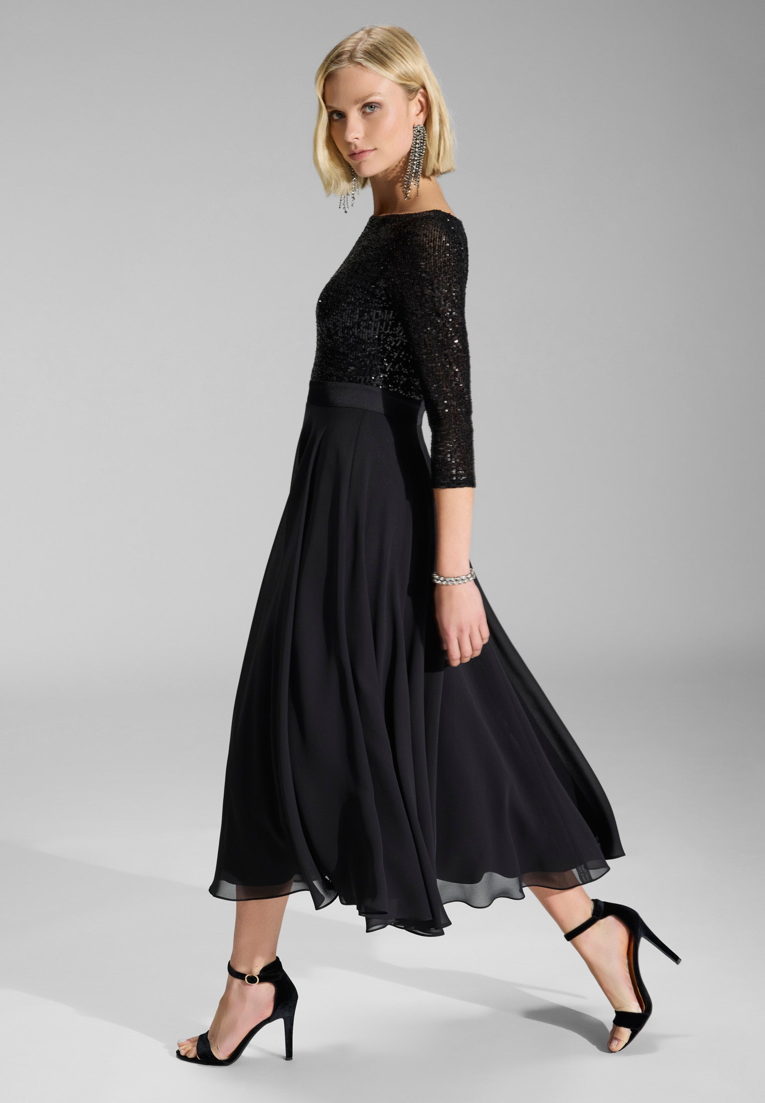 Midi Kleid mit Top aus elastischer Paillette und Chiffonrock