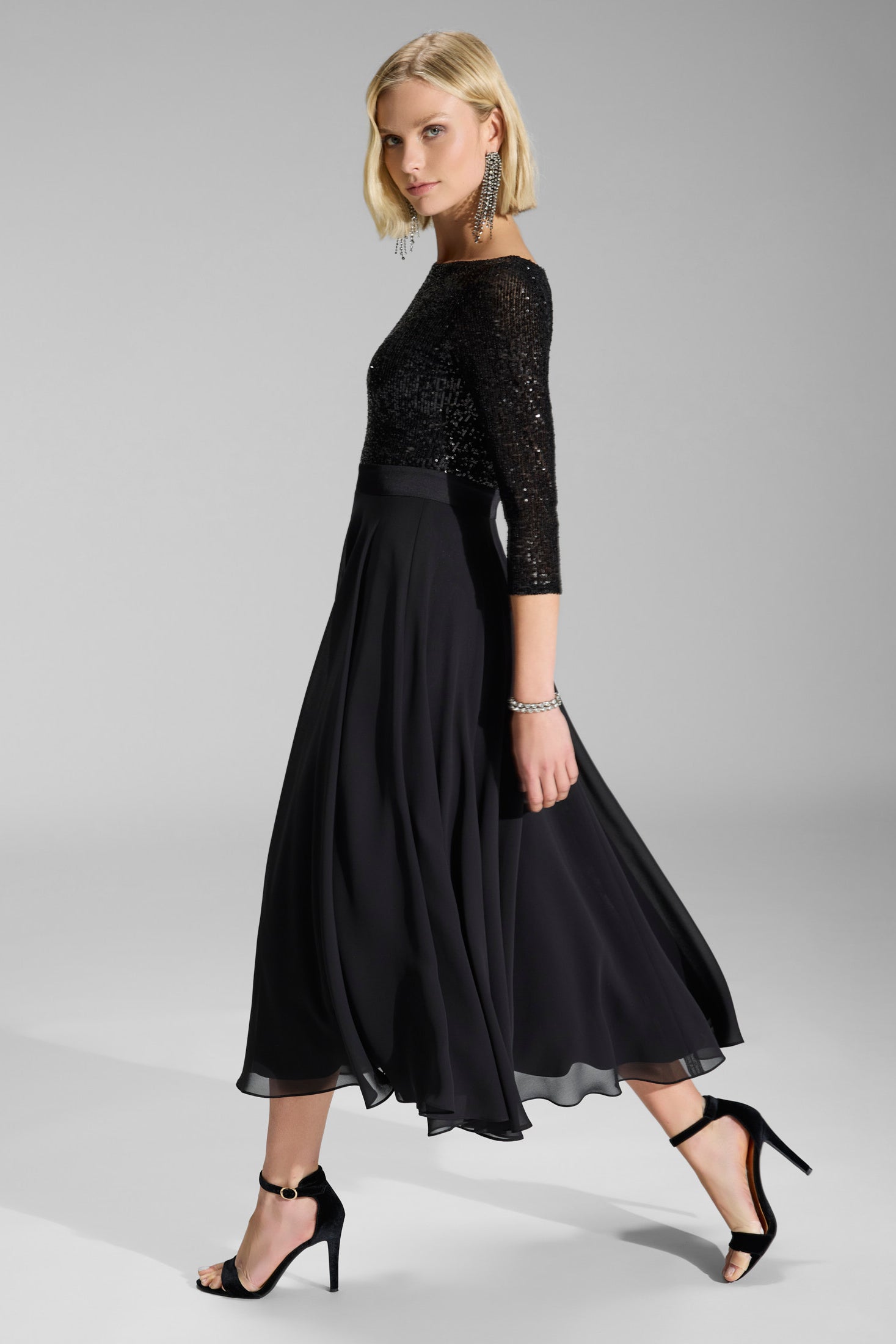 Midi Kleid mit Top aus elastischer Paillette und Chiffonrock