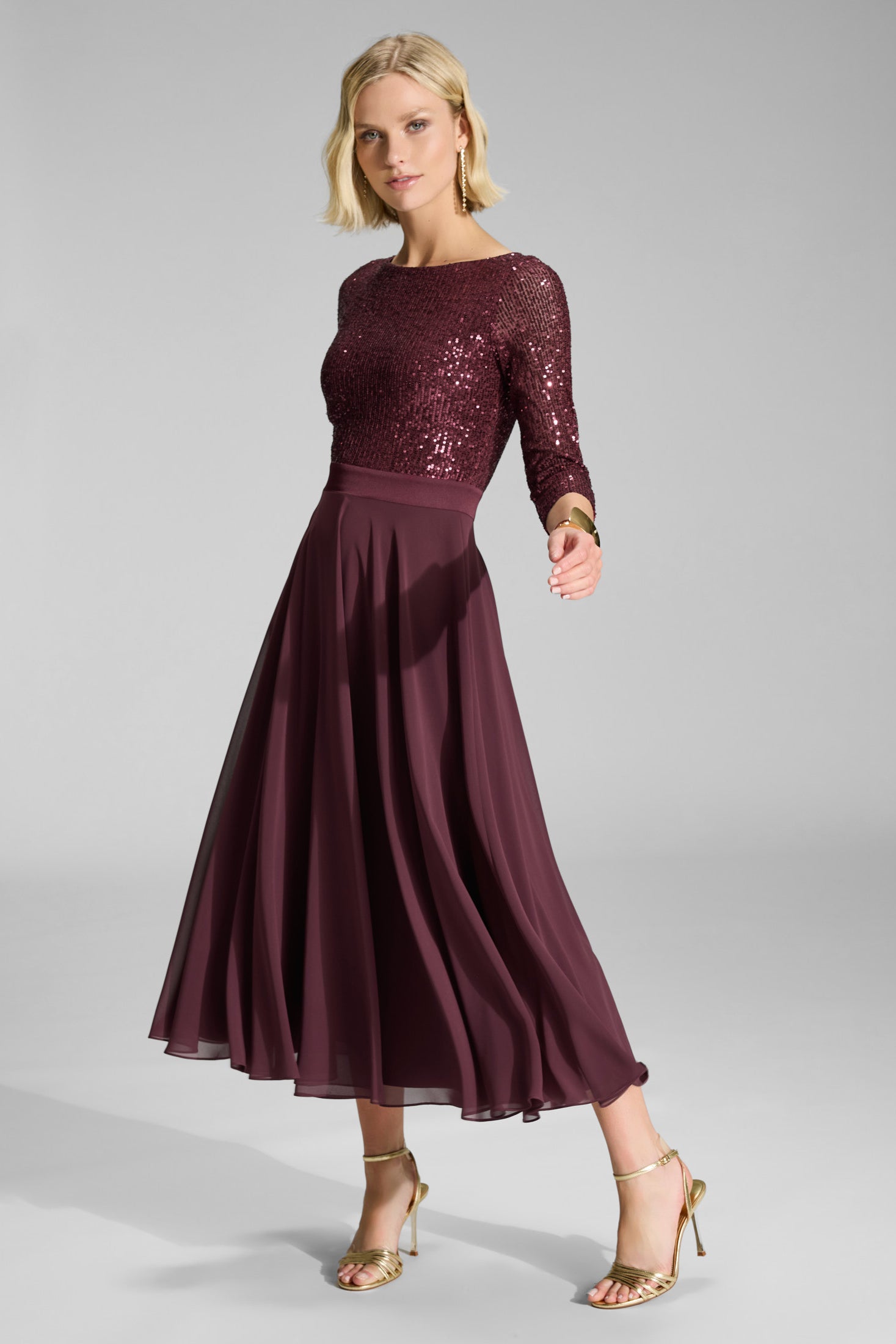 Midi Kleid mit Top aus elastischer Paillette und Chiffonrock