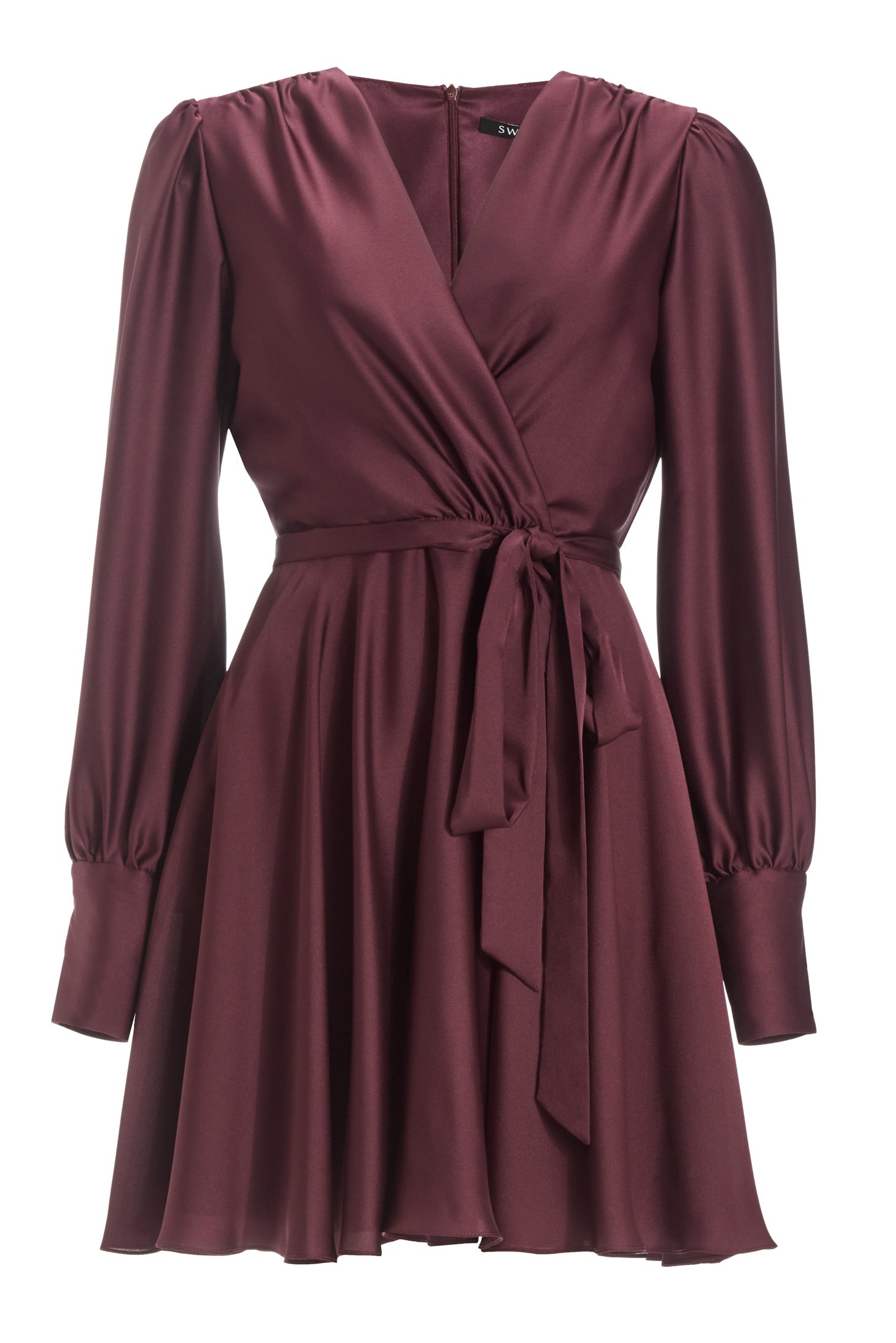 Cocktailkleid aus Satin mit breiten Manschetten, Wickel Oberteil und Tellerrock