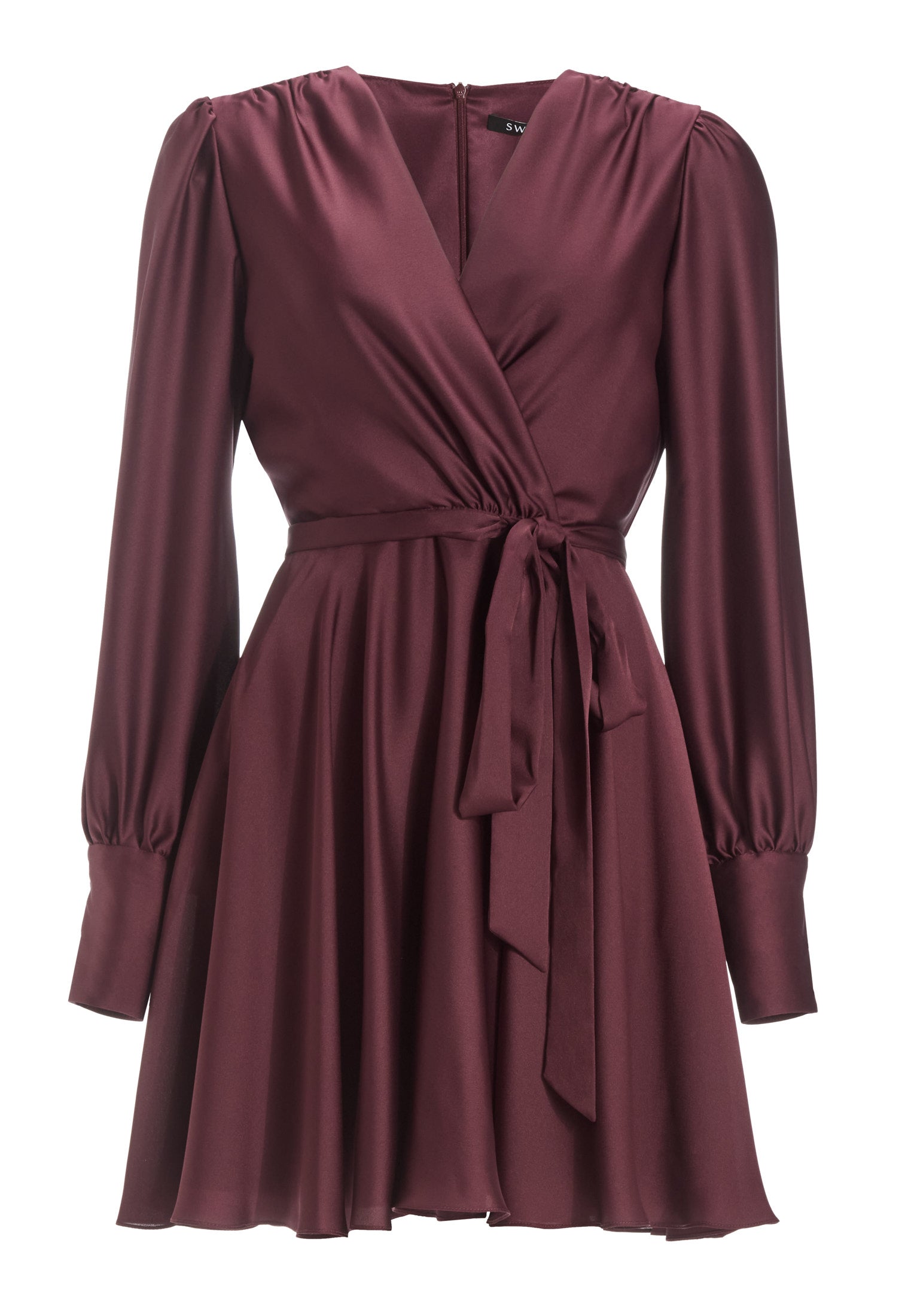 Cocktailkleid aus Satin mit breiten Manschetten, Wickel Oberteil und Tellerrock