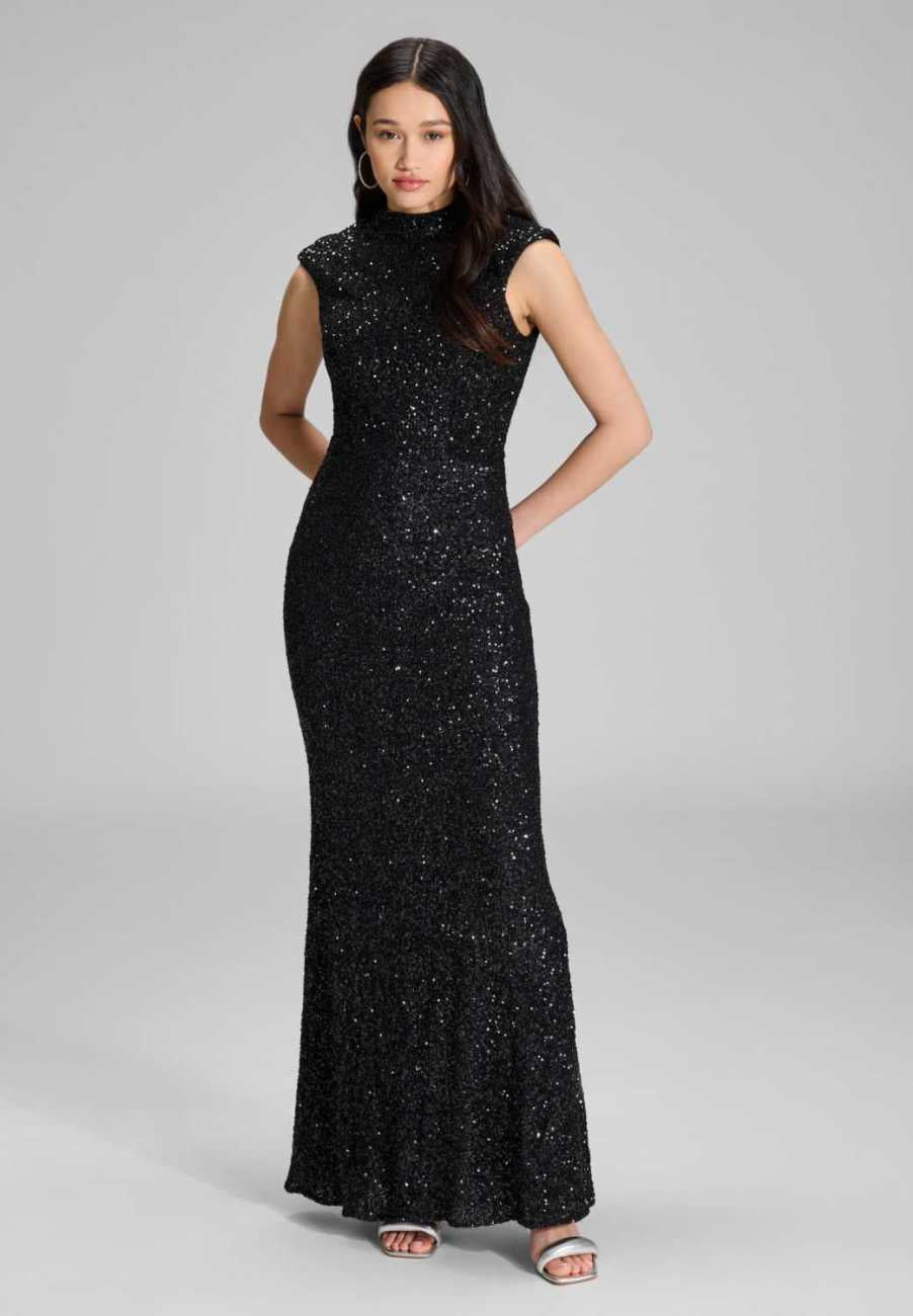 Hochgeschlossenes Paillettenkleid mit Rückenausschnitt black