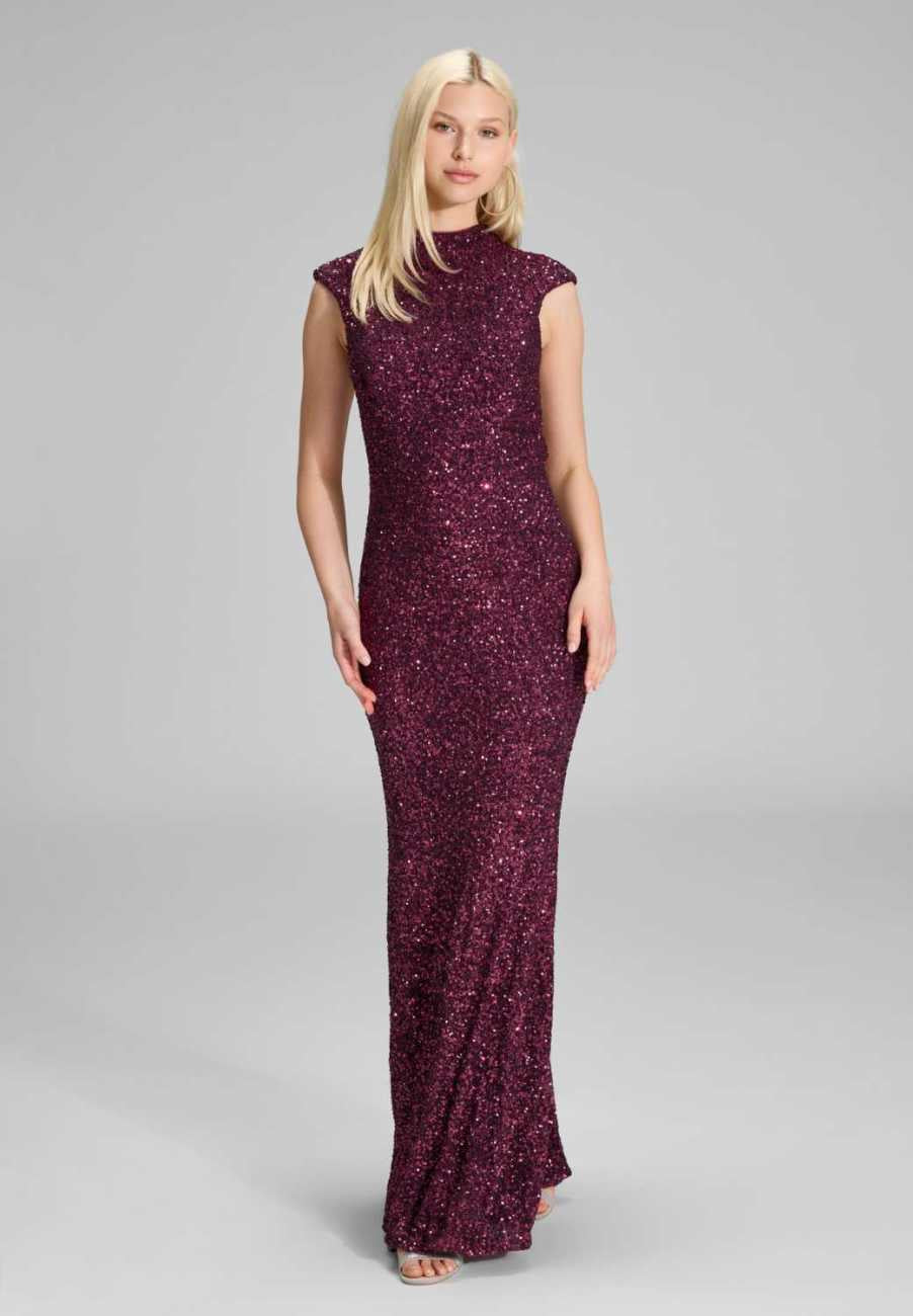 Hochgeschlossenes Paillettenkleid mit Rückenausschnitt mulberry