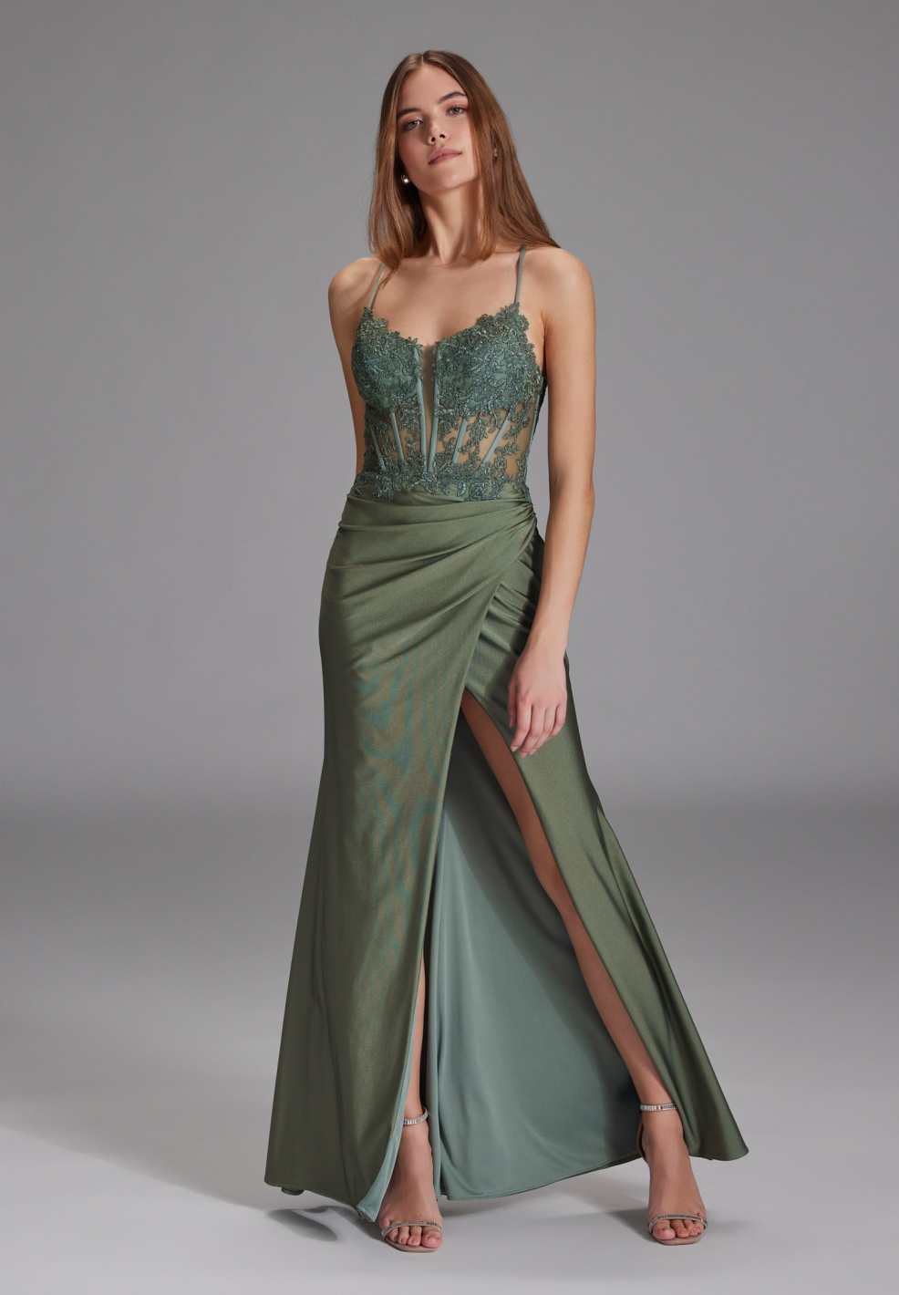 Bodycon Kleid mit Spitzenstickerei und Beinschlitz matcha green