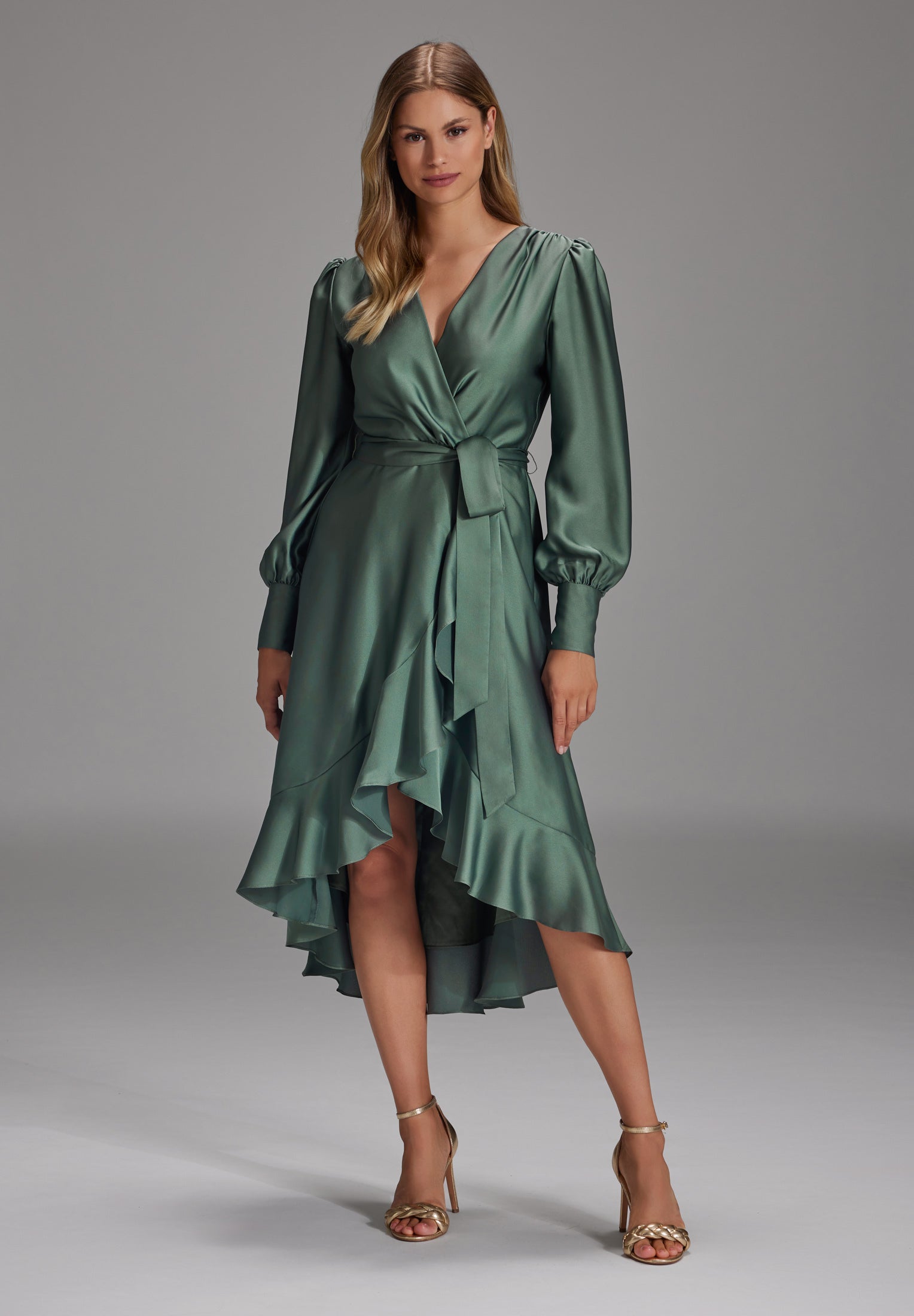 Vokuhila-Kleid mit blusigen Ärmeln moss green