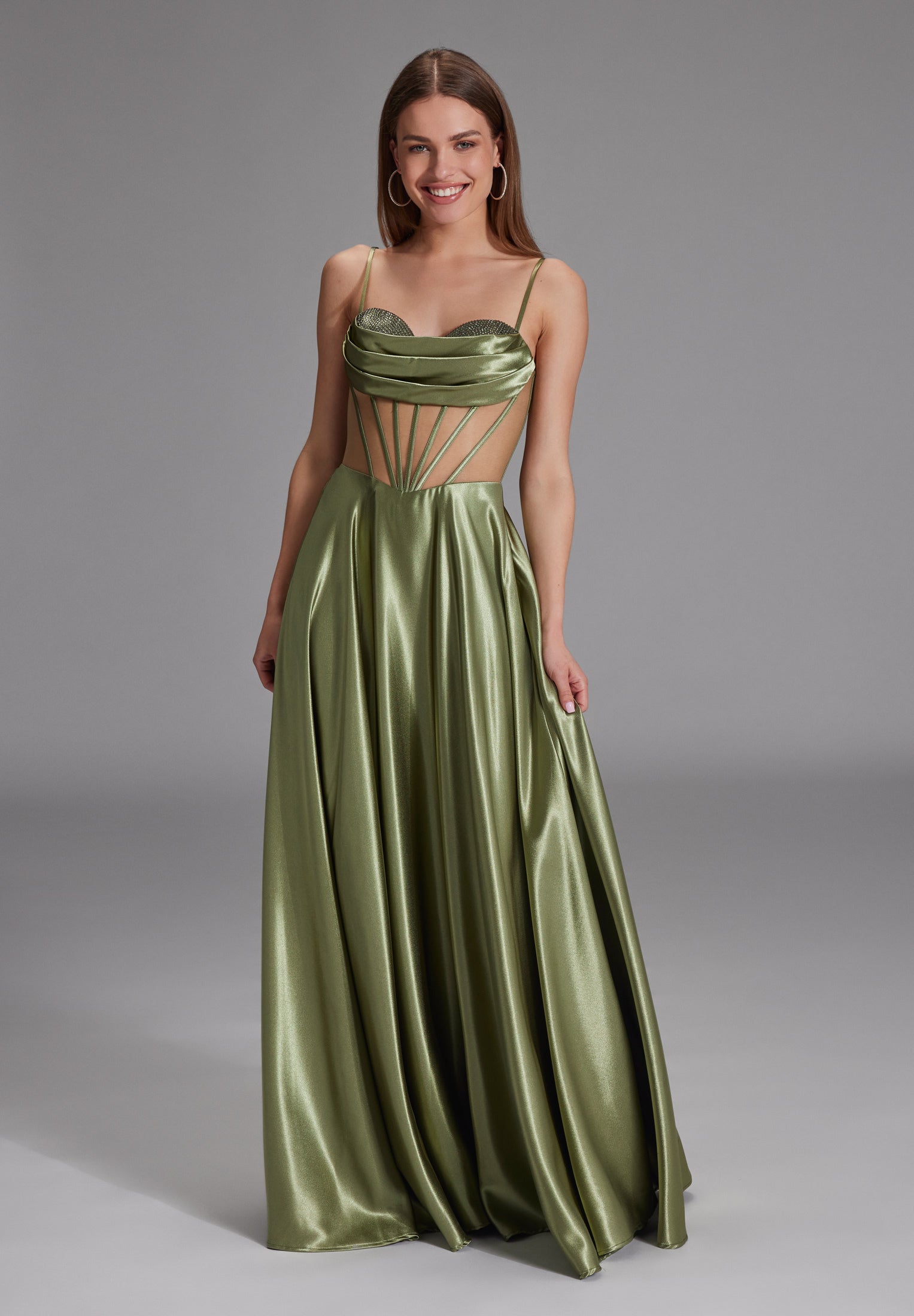 See-through-Corsagenkleid mit Ziersteinen matcha green
