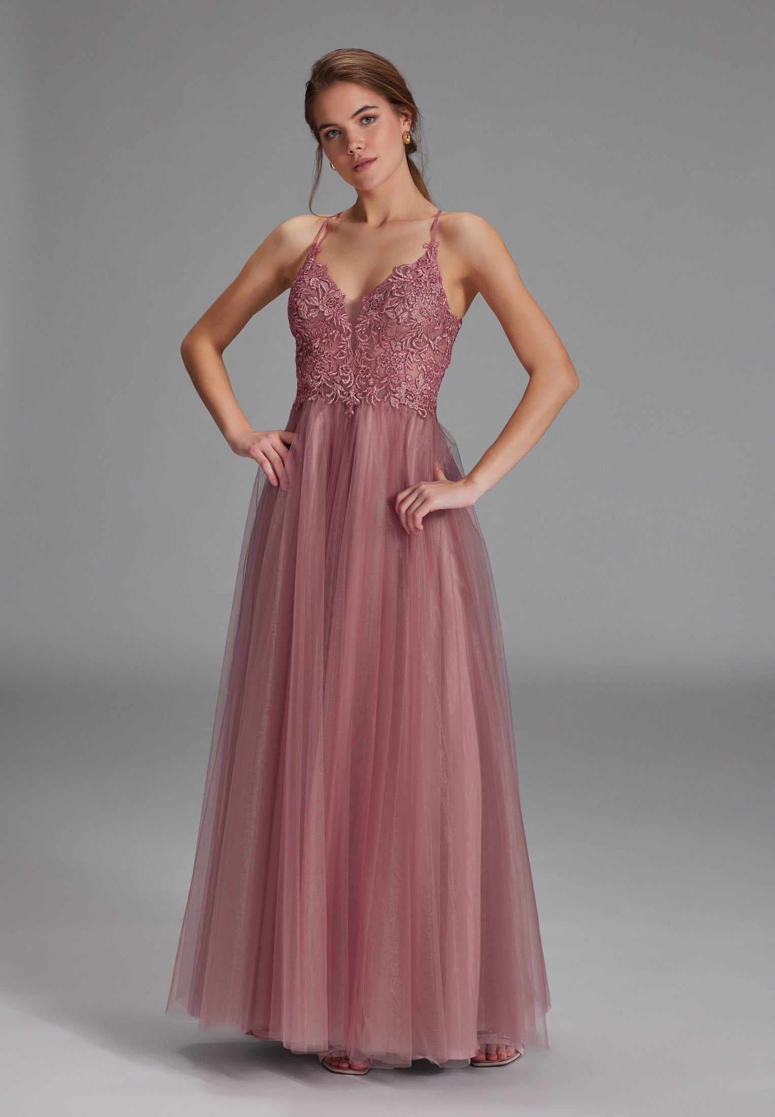 Tüll-Abendkleid mit Spitzenstickerei rose berry