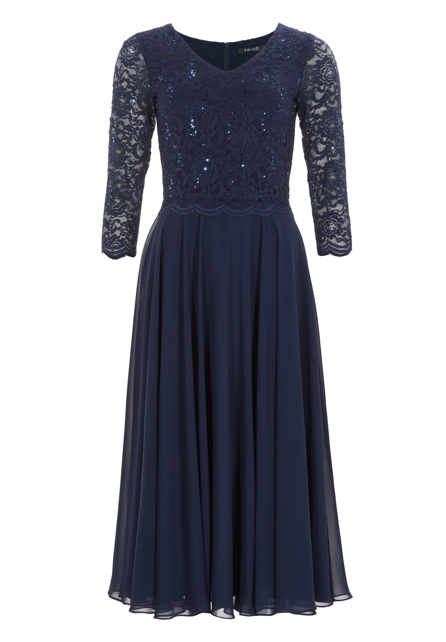 Midi Kleid mit paillettenbesetztem Spitzenoberteil