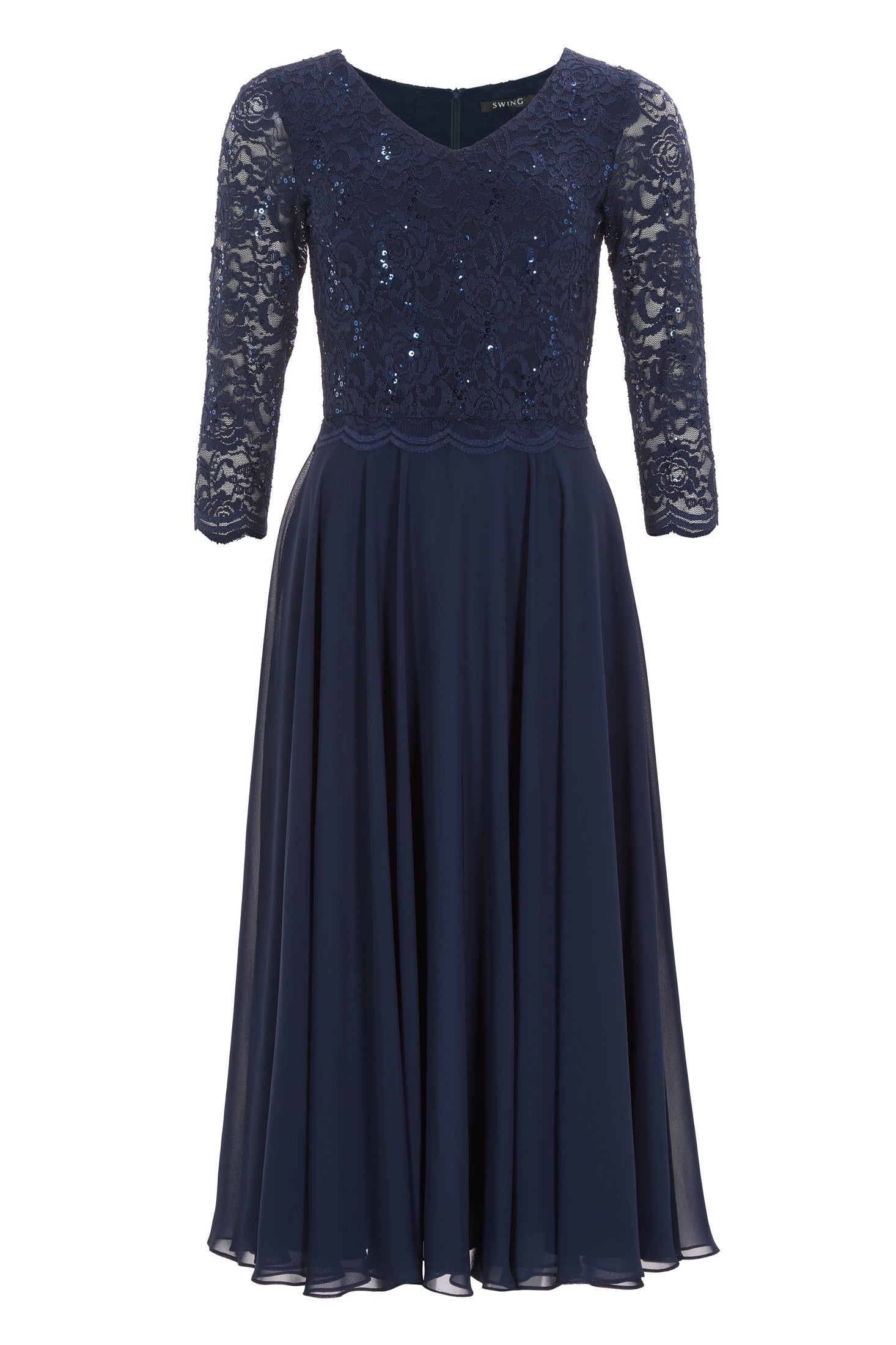 Midi Kleid mit paillettenbesetztem Spitzenoberteil