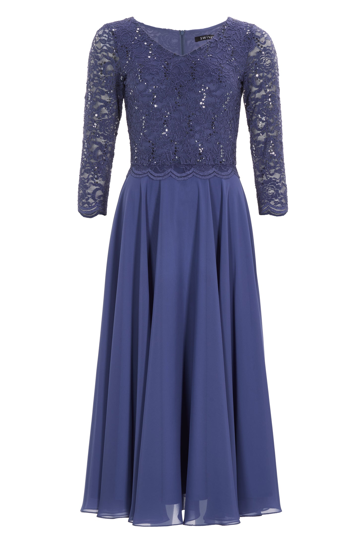 Midi Kleid mit paillettenbesetztem Spitzenoberteil