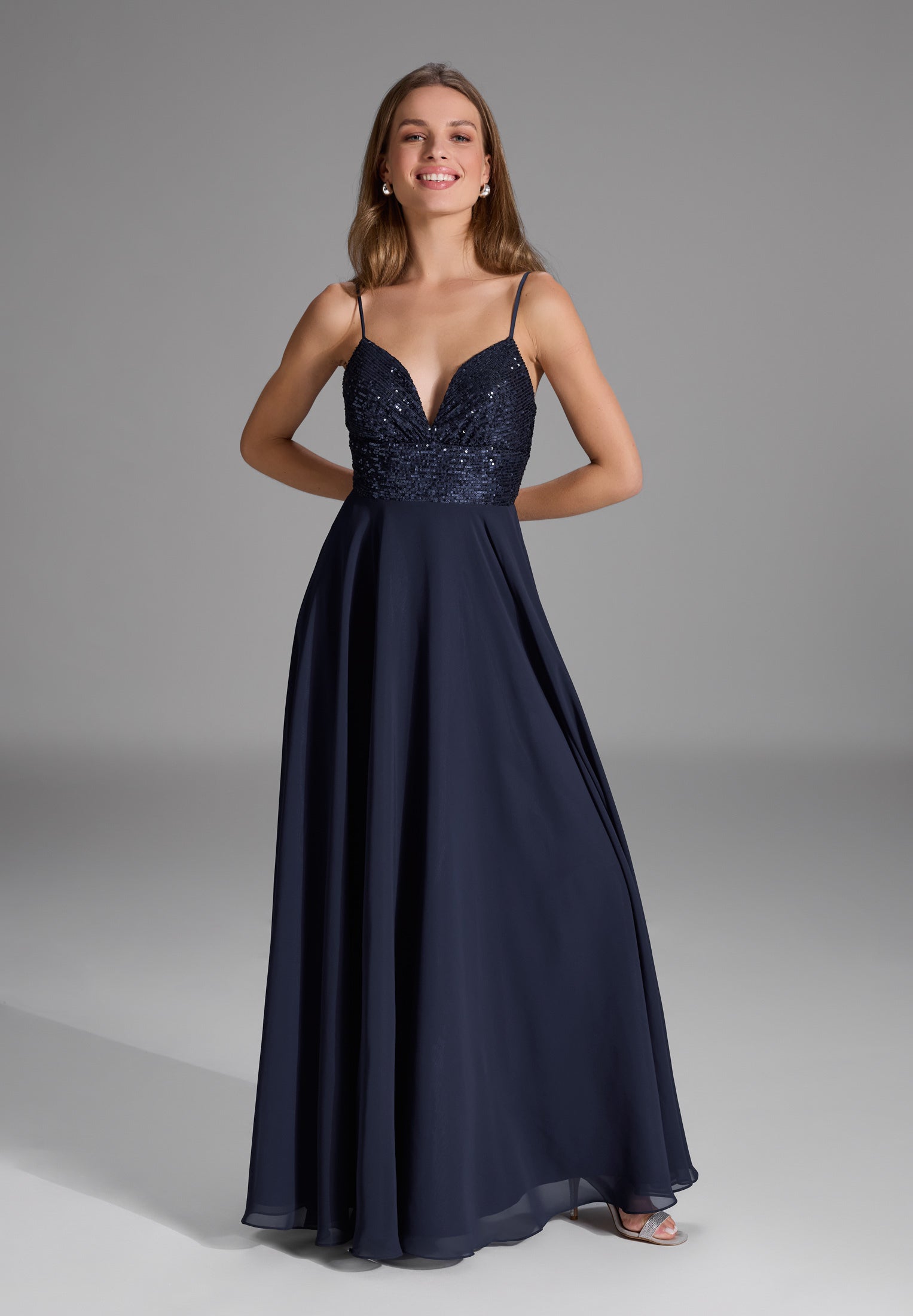Abendkleid mit Schnür-Oberteil aus Paillette navy