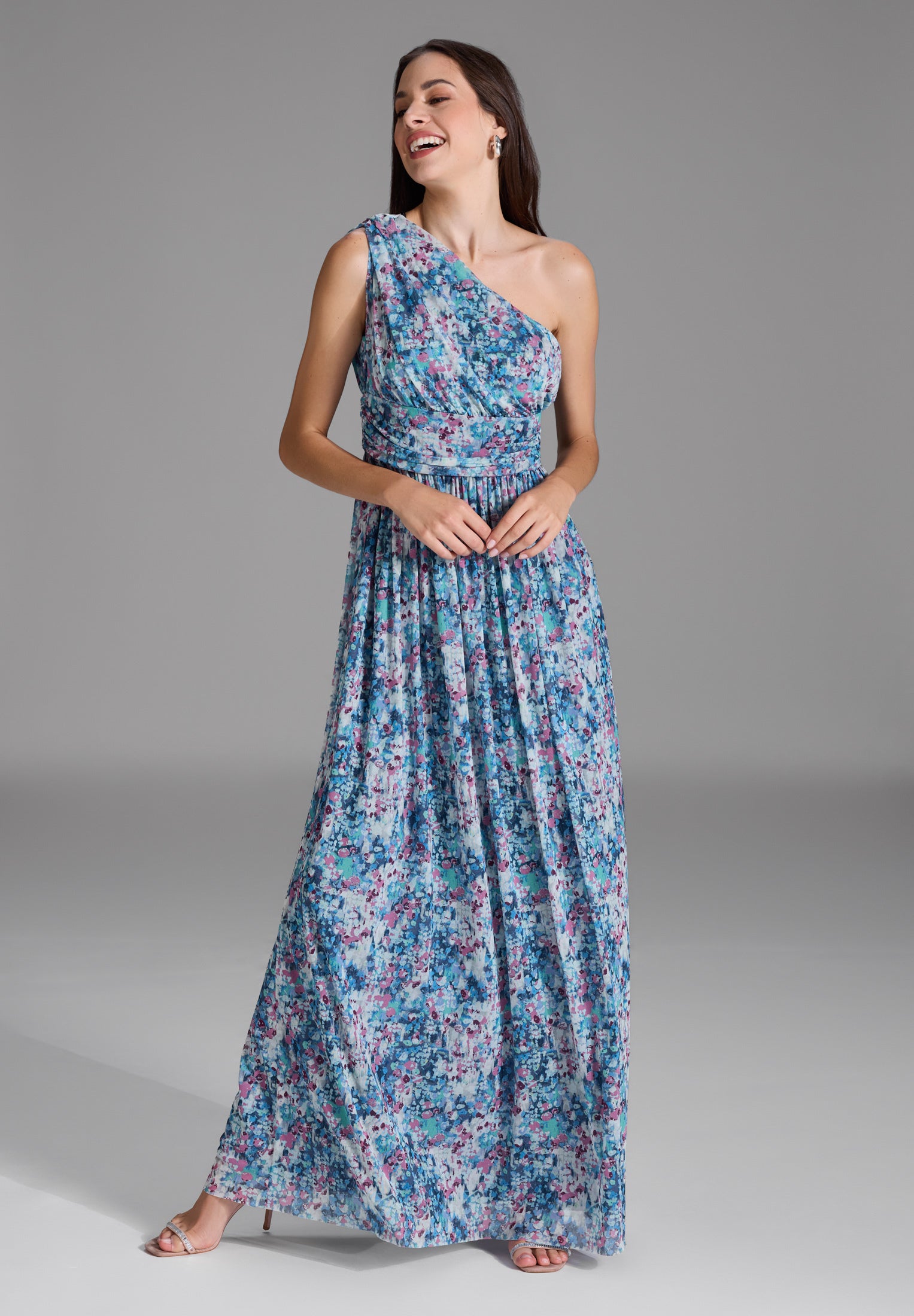 One Shoulder Abendkleid aus floral bedrucktem Mesh