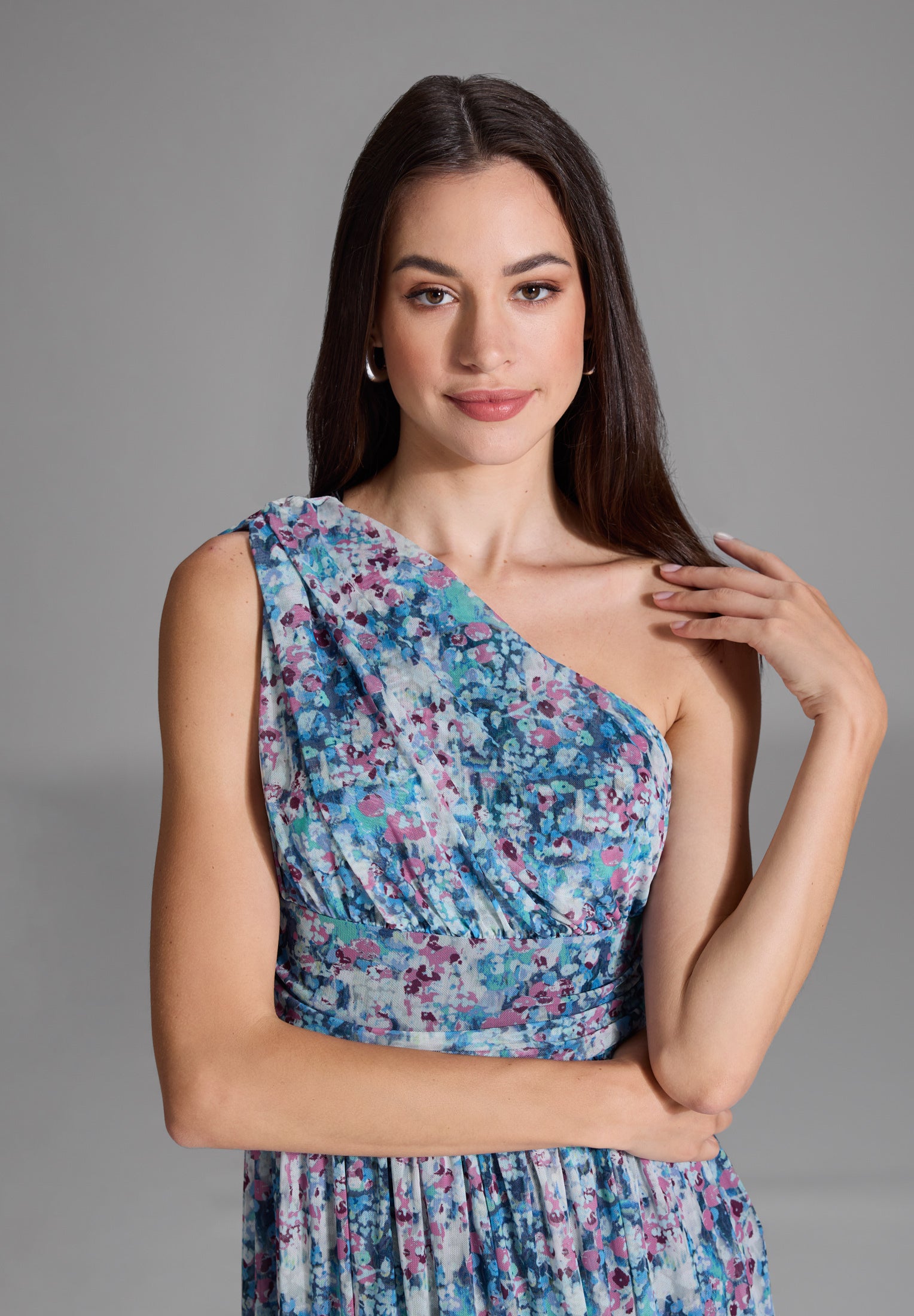 One Shoulder Abendkleid aus floral bedrucktem Mesh