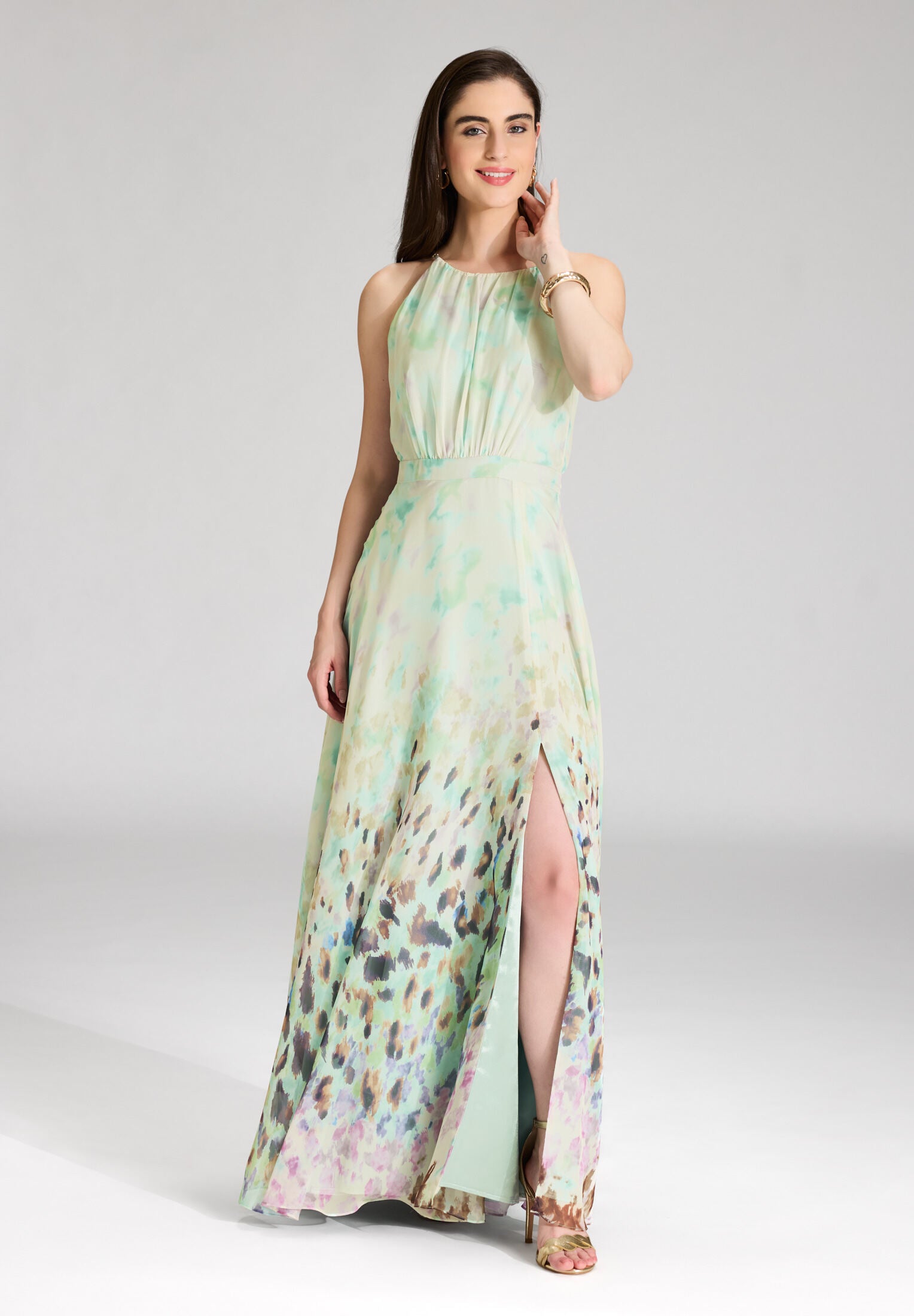 Abendkleid aus Chiffon mit Animal Print pistachio green | multi