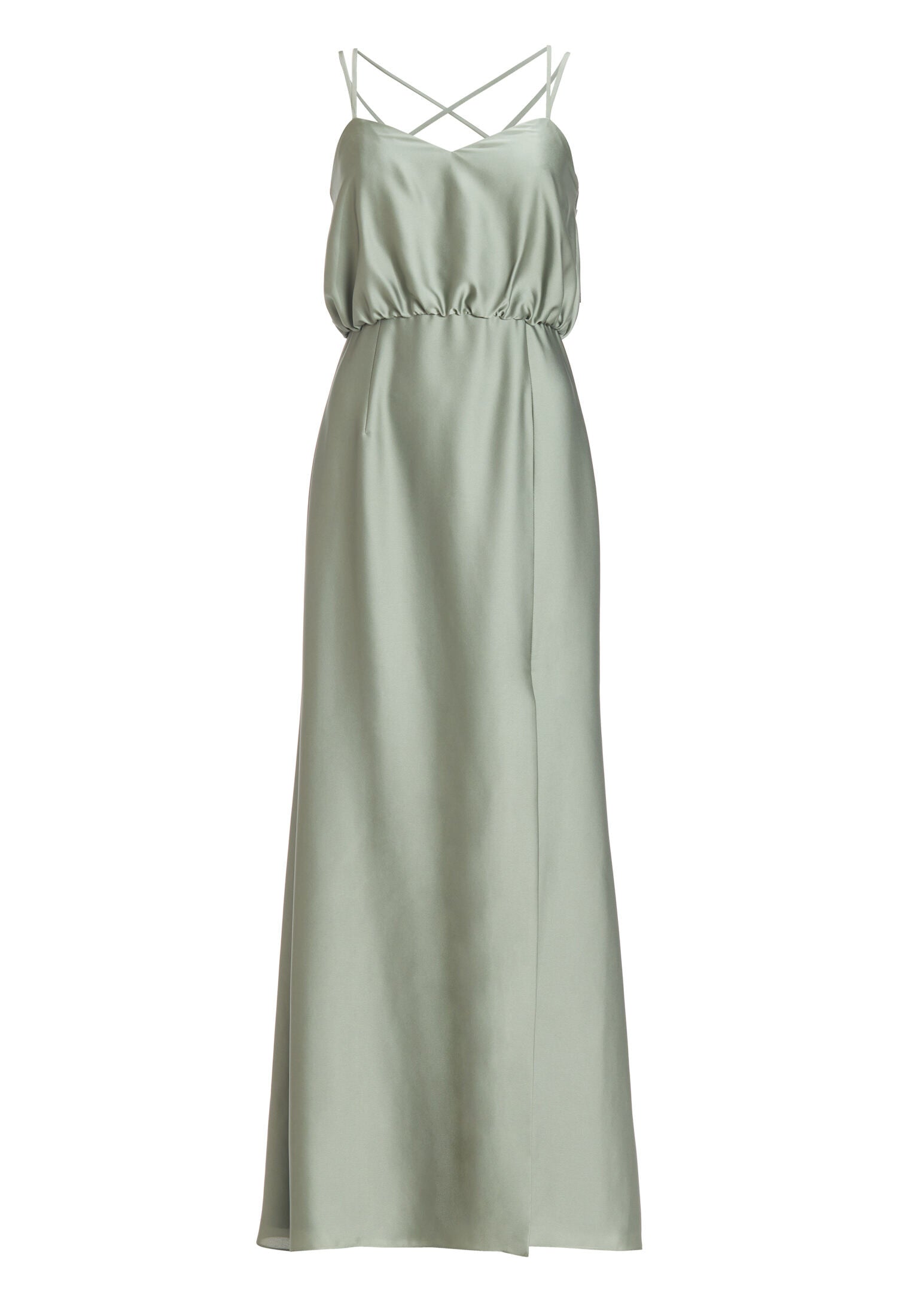 Abendkleid aus nachhaltigem Satin mit gekreuzten Spagettiträgern