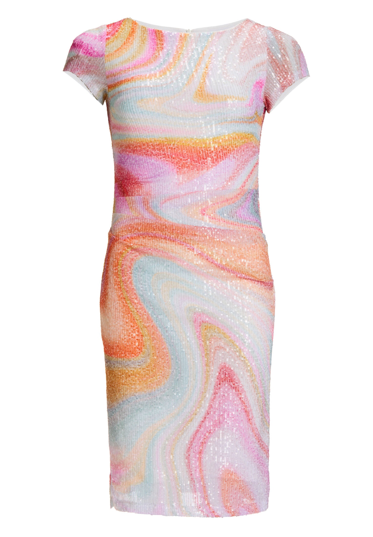 Etuikleid aus bedrucktem Paillettenstoff