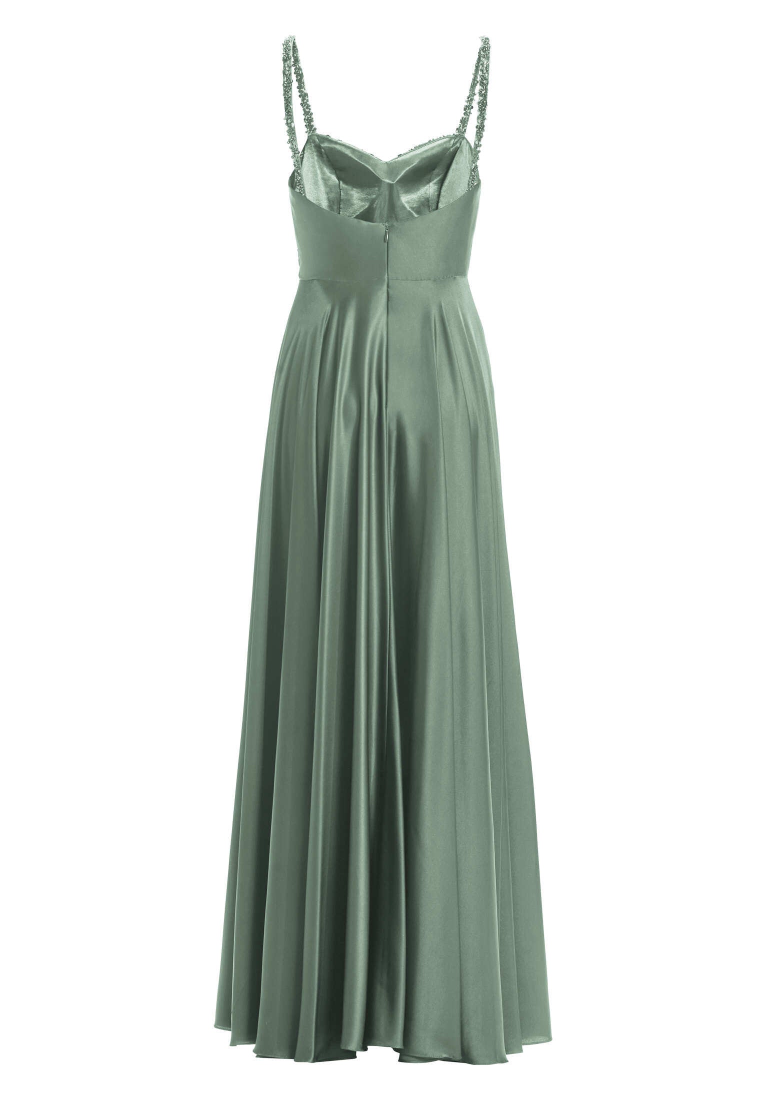 Satinkleid mit drapiertem Top und bestickten Trägern