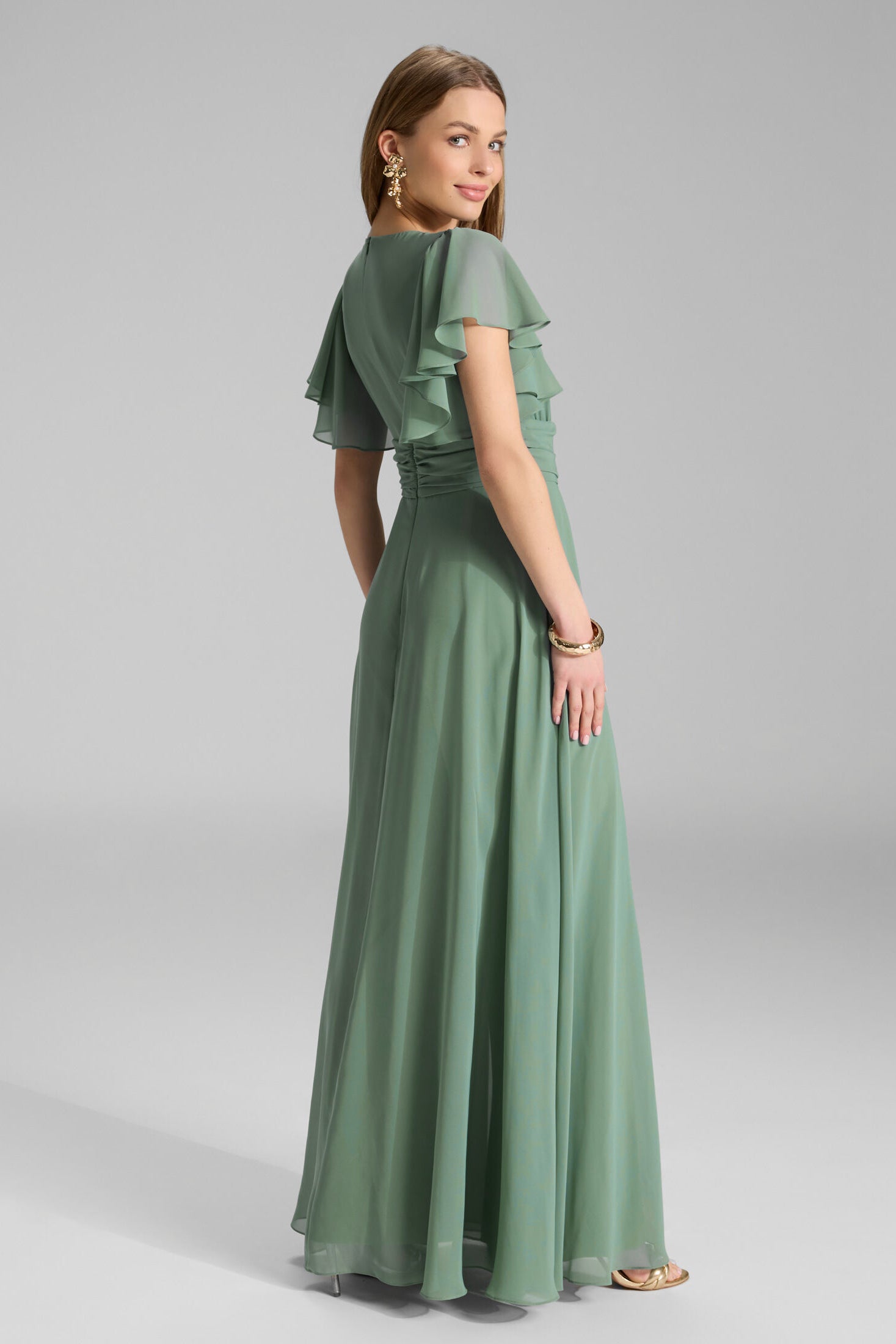 Chiffon Jumpsuit mit Überrock und Volantärmeln