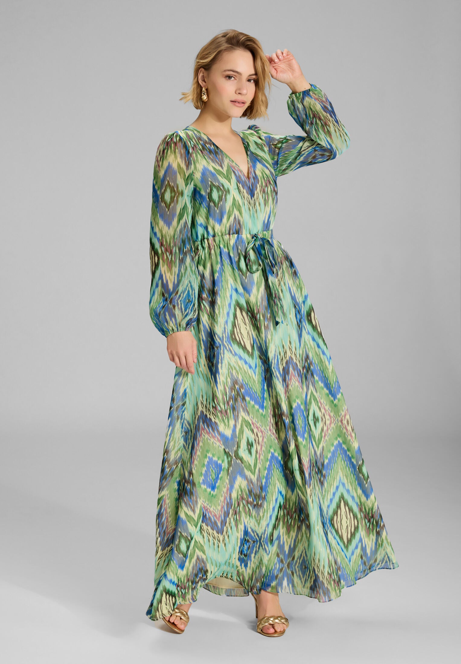 Maxikleid mit langen Ärmeln aus Chiffon mit Zick Zack Print Emerald Green