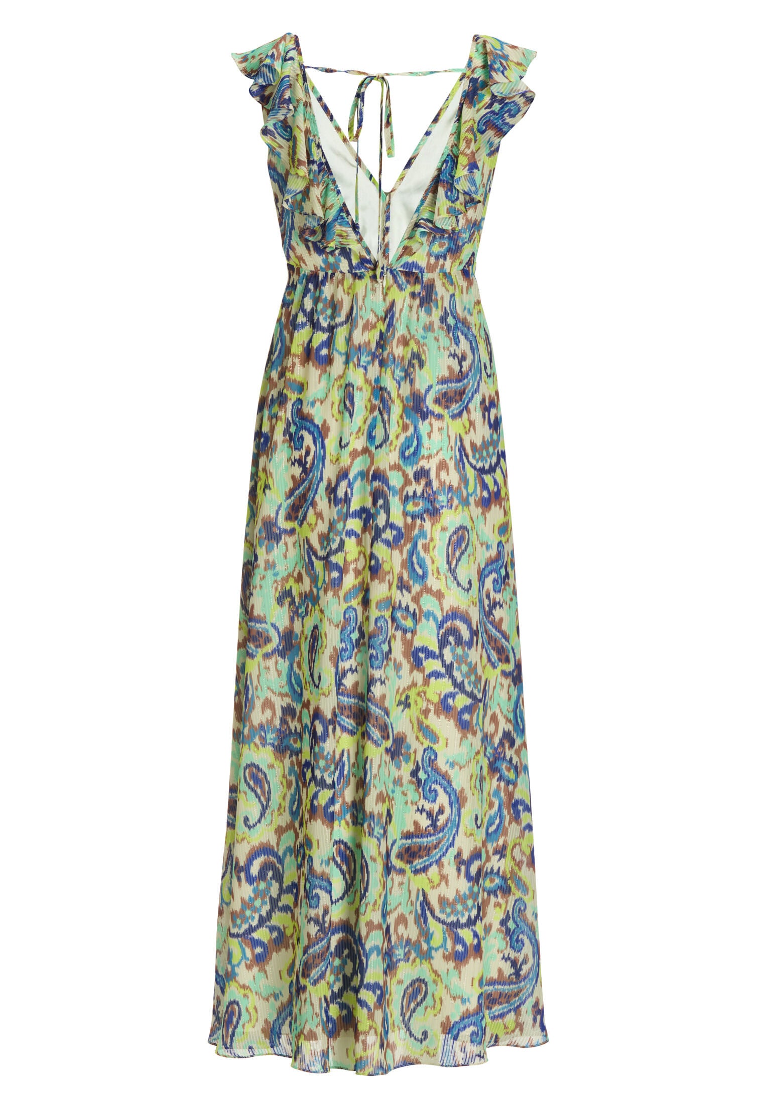 Maxikleid mit Rüschen aus bedrucktem Chiffon mit Glitzerstreifen