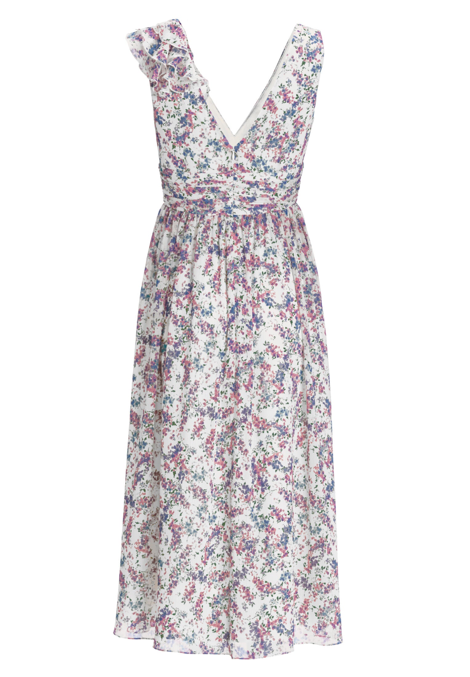 Midi Kleid aus floral bedrucktem Crinkle Chiffon mit Volants an der Schulter