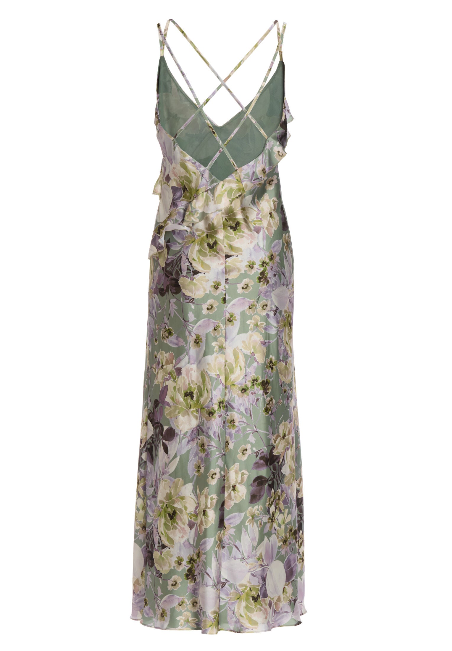 Langes Slip Dress mit Volants aus nachhaltigem bedruckten Satin