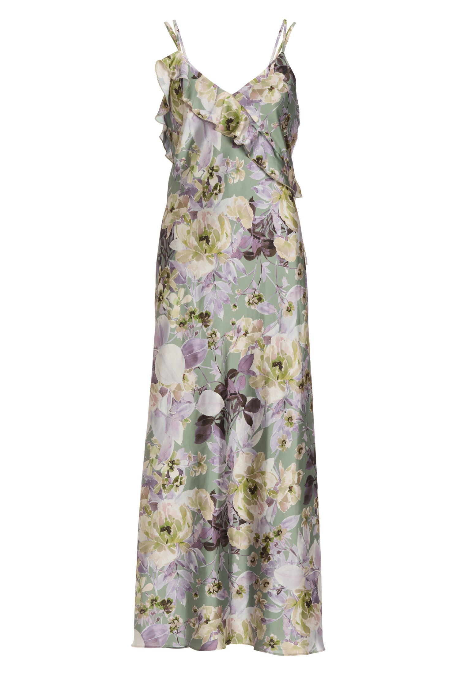 Langes Slip Dress mit Volants aus nachhaltigem bedruckten Satin