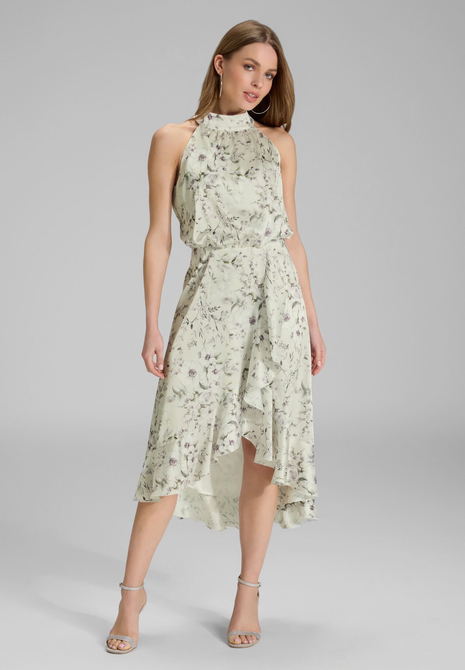 Cocktailkleid aus floral bedrucktem Satin mit Volant Saum ivory | multi