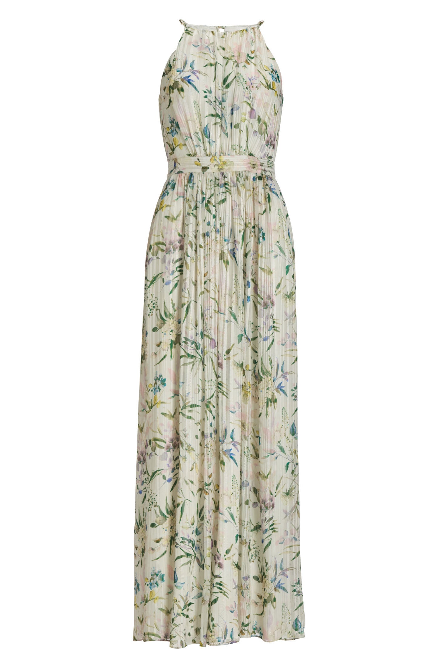 Abendkleid aus bedrucktem Chiffon mit Glitzerstreifen und Zierträgern