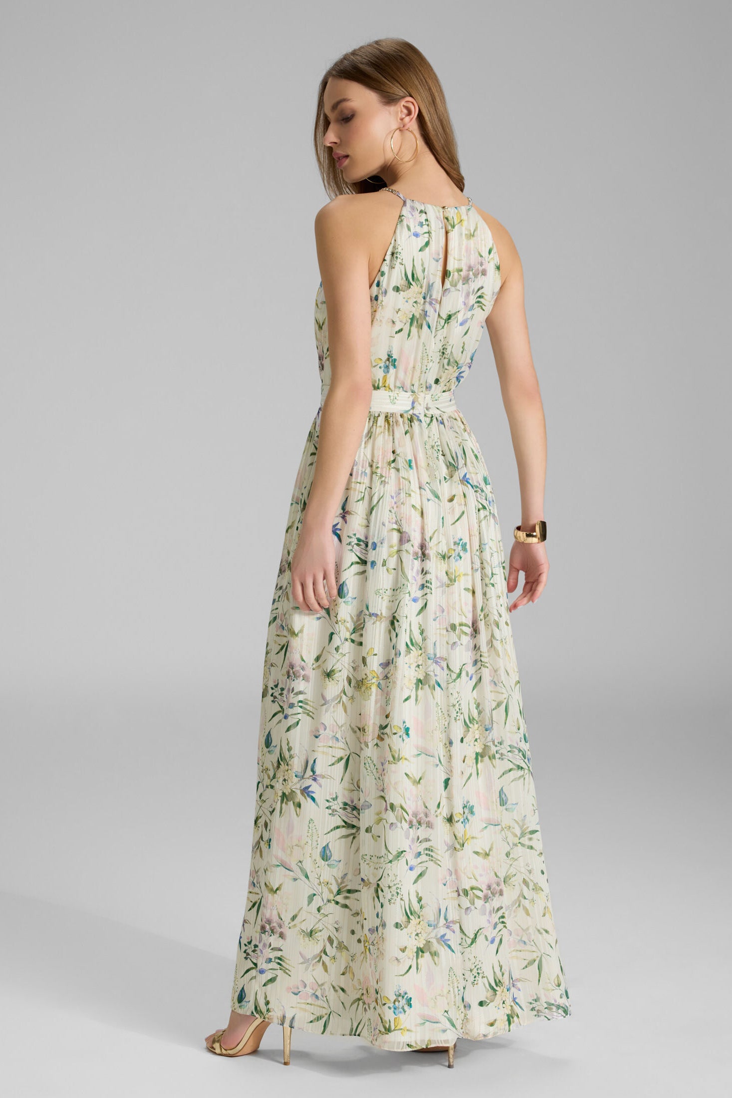 Abendkleid aus bedrucktem Chiffon mit Glitzerstreifen und Zierträgern