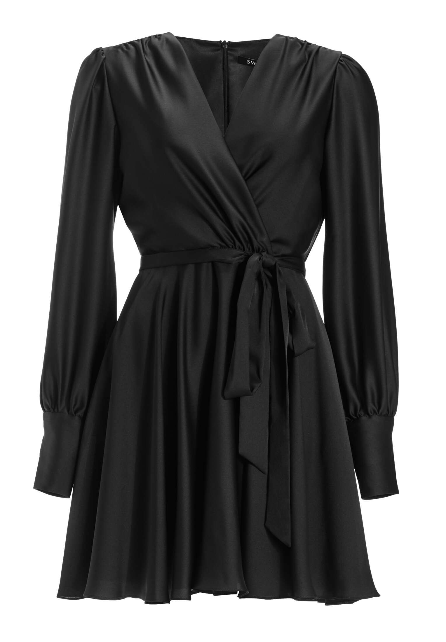 Cocktailkleid aus Satin mit breiten Manschetten, Wickel Oberteil und Tellerrock