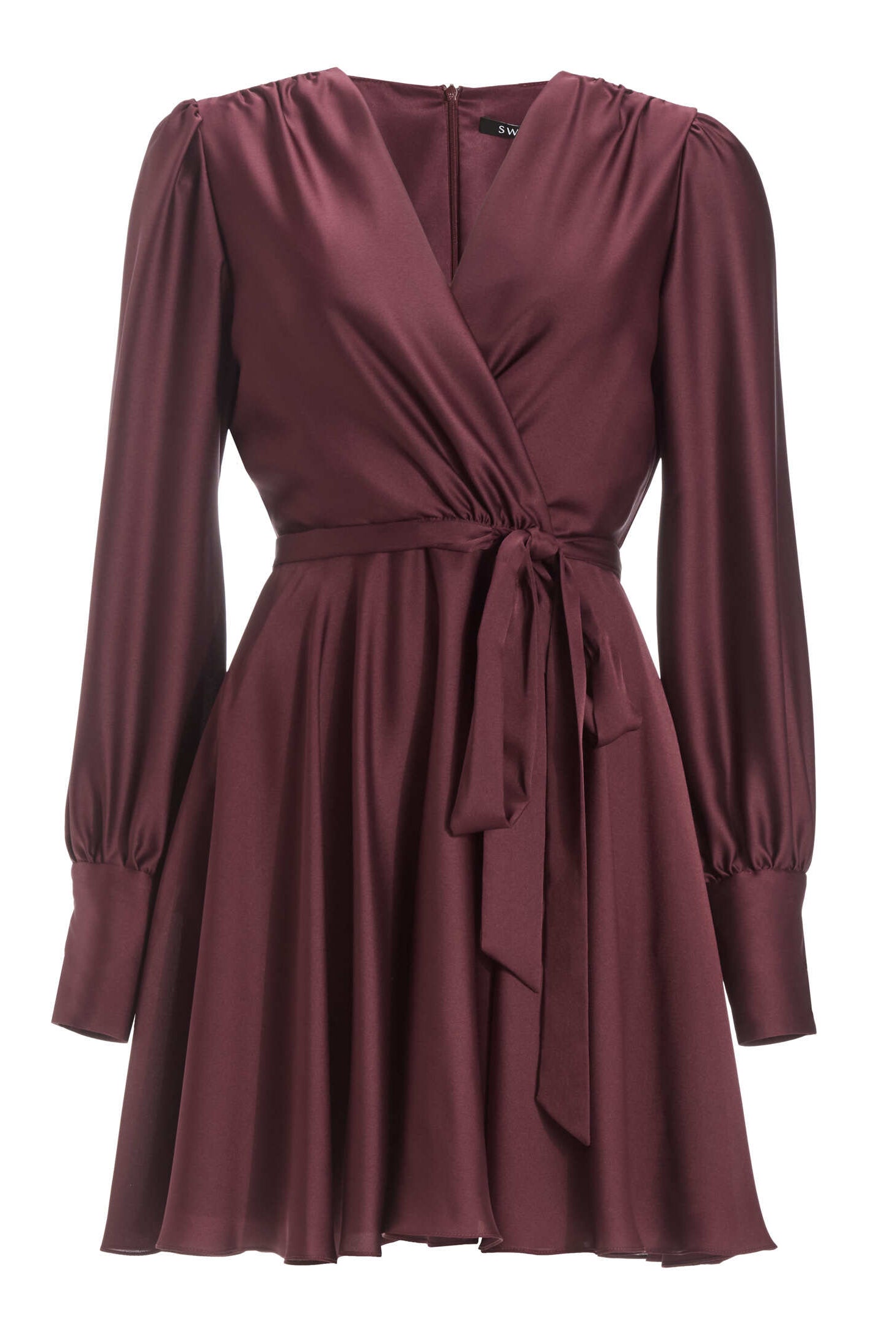 Cocktailkleid aus Satin mit breiten Manschetten, Wickel Oberteil und Tellerrock