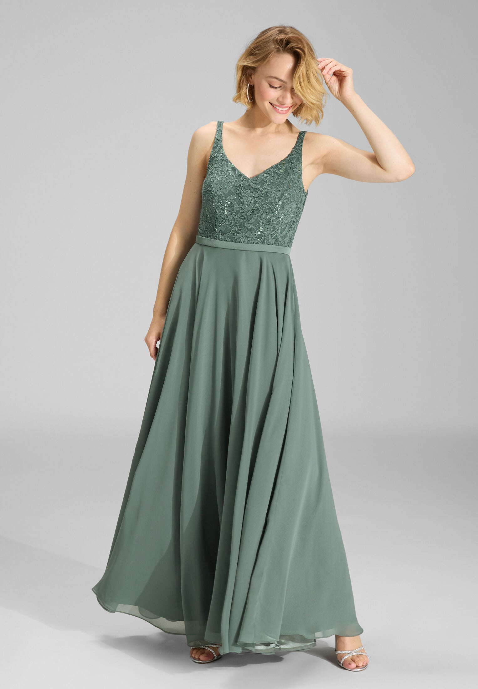 Abendkleid aus Material-Mix mit weit schwingendem Rock deep slate