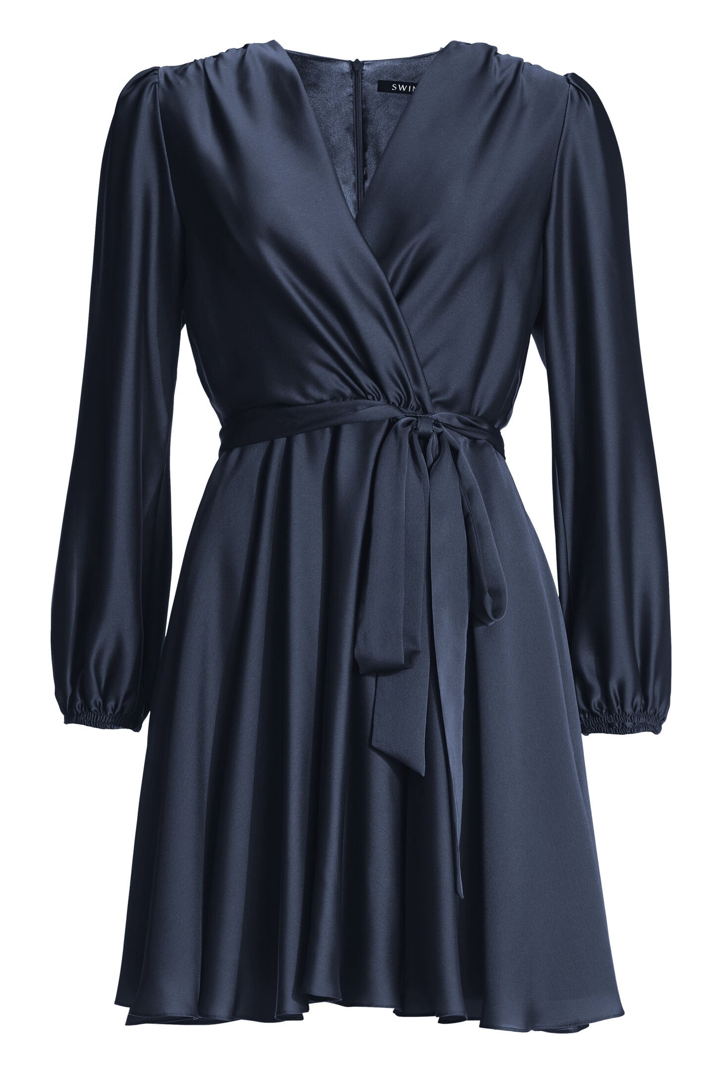 Cocktailkleid aus nachhaltigem Satin mit Wickel Oberteil und Tellerrock