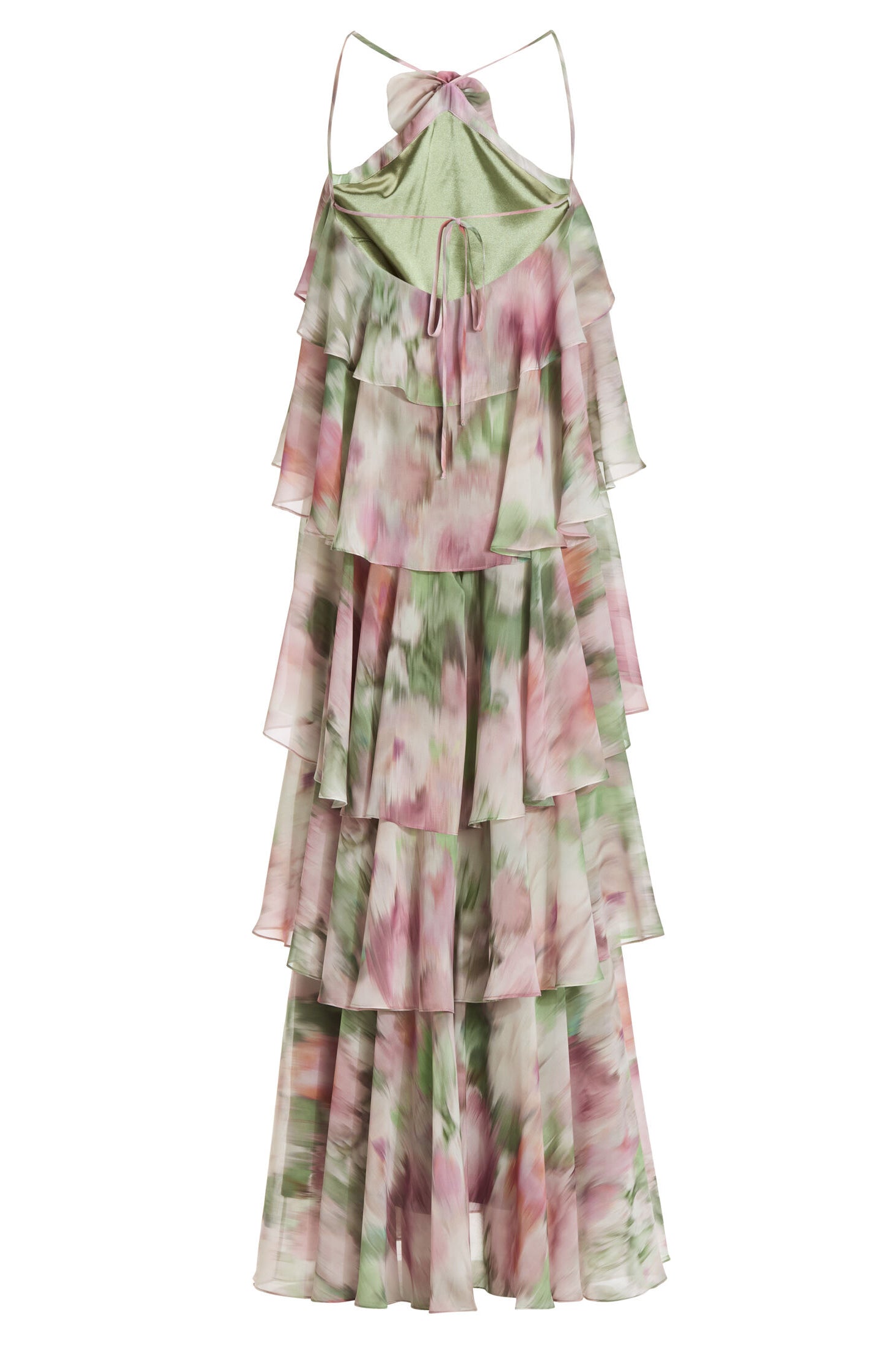 Abendkleid aus bedrucktem Chiffon mit gestuften Volants