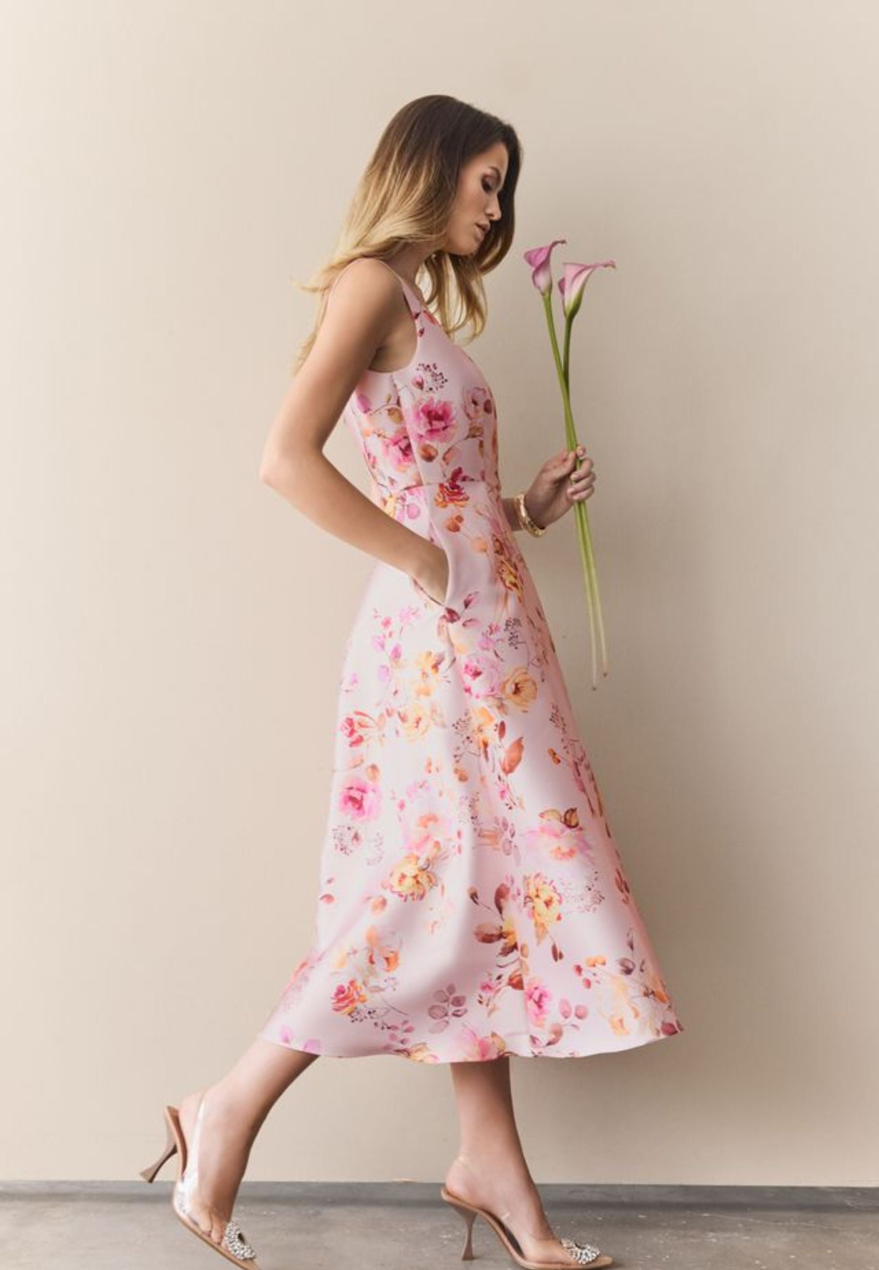 Cocktailkleid mit Karree-Ausschnitt aus floral bedrucktem Twill