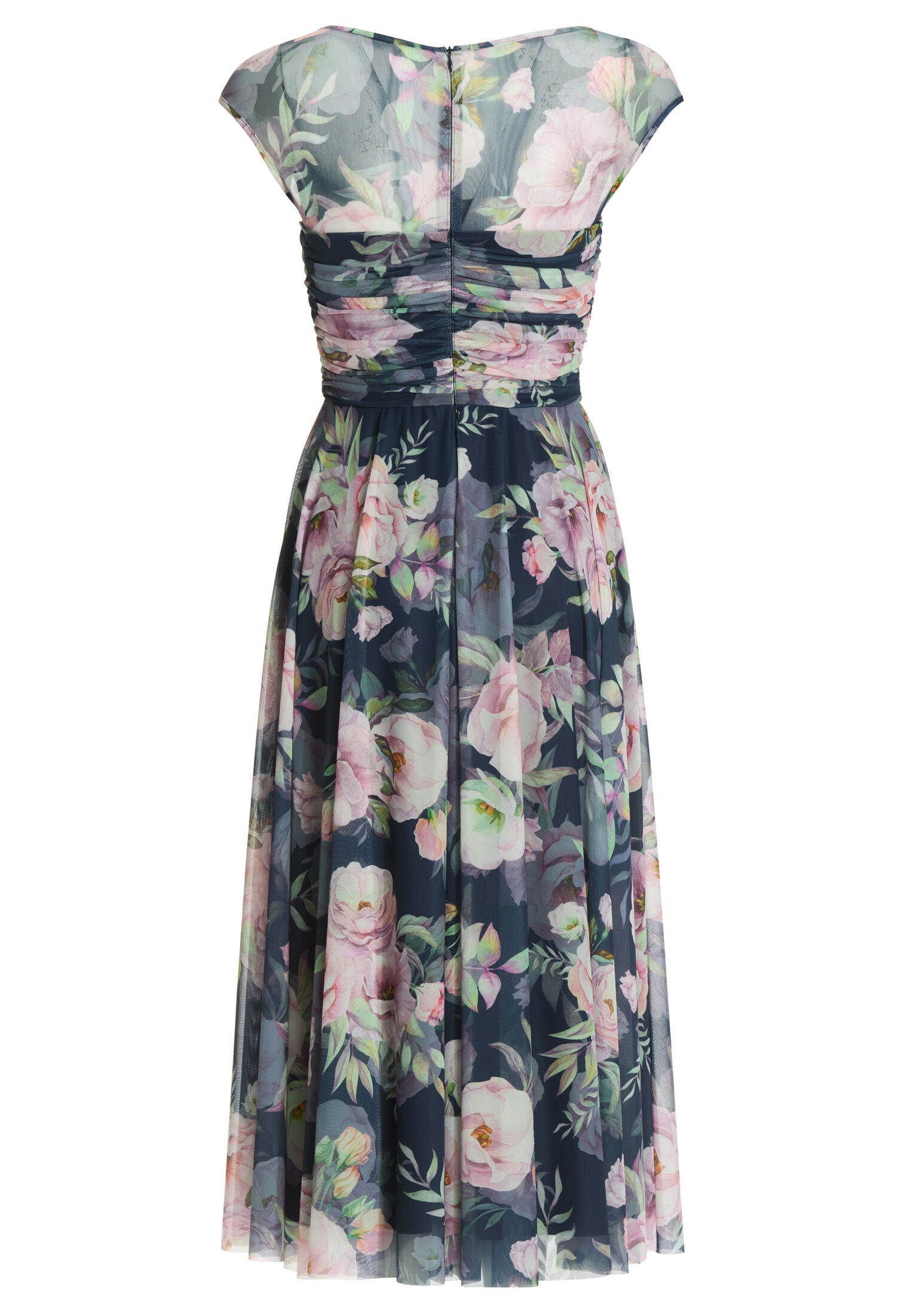 Cocktailkleid aus bedrucktem Mesh mit geraffter Korsage