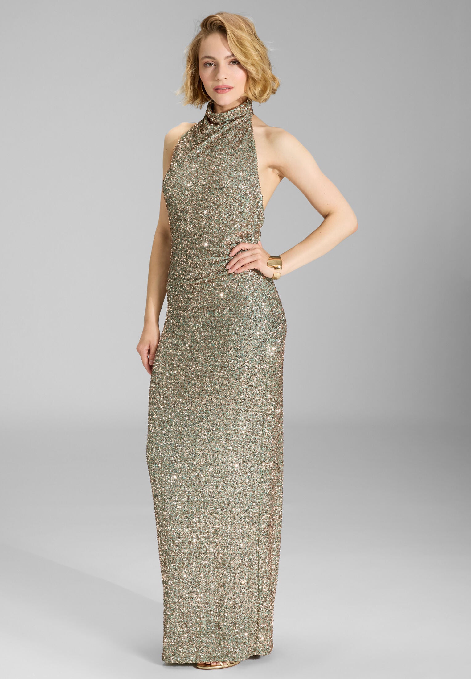 Figurbetontes Paillettenkleid mit Drapierung am Kragen matcha green | copper