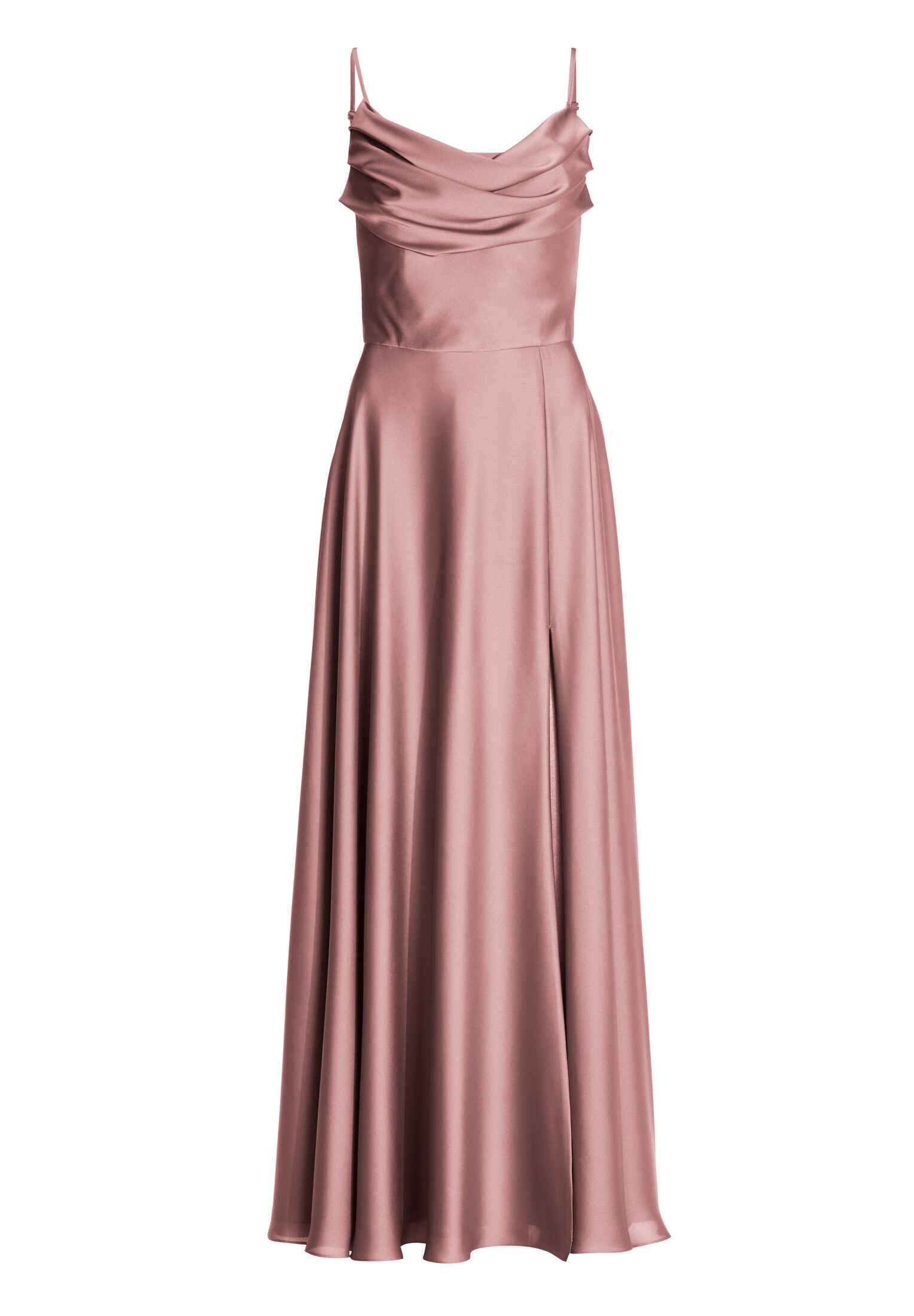 Abendkleid aus nachhaltigem Satin mit Wasserfall-Ausschnitt und Beinschlitz
