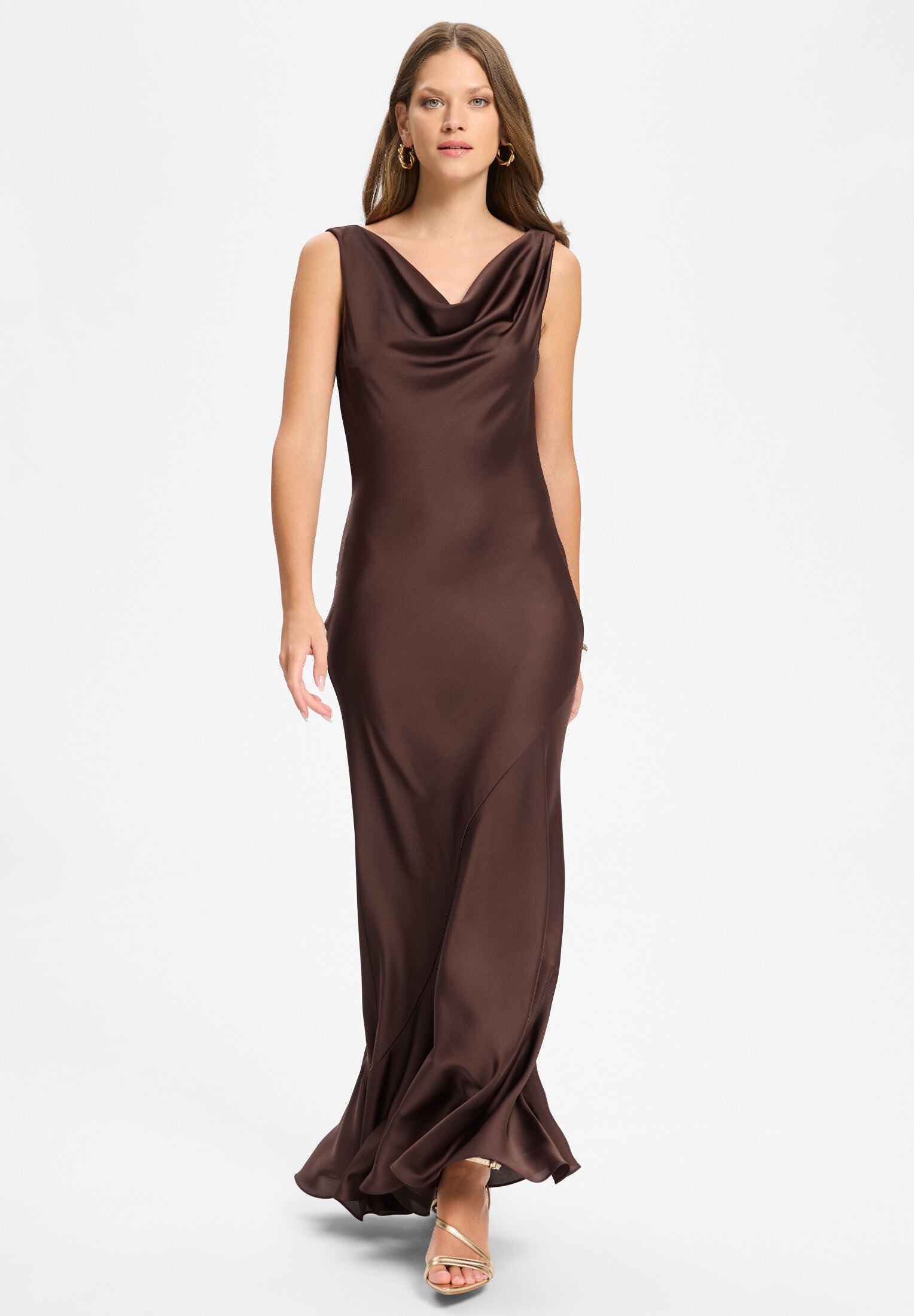 Abendkleid aus Satin mit Wasserfall Ausschnitt chocolate brown