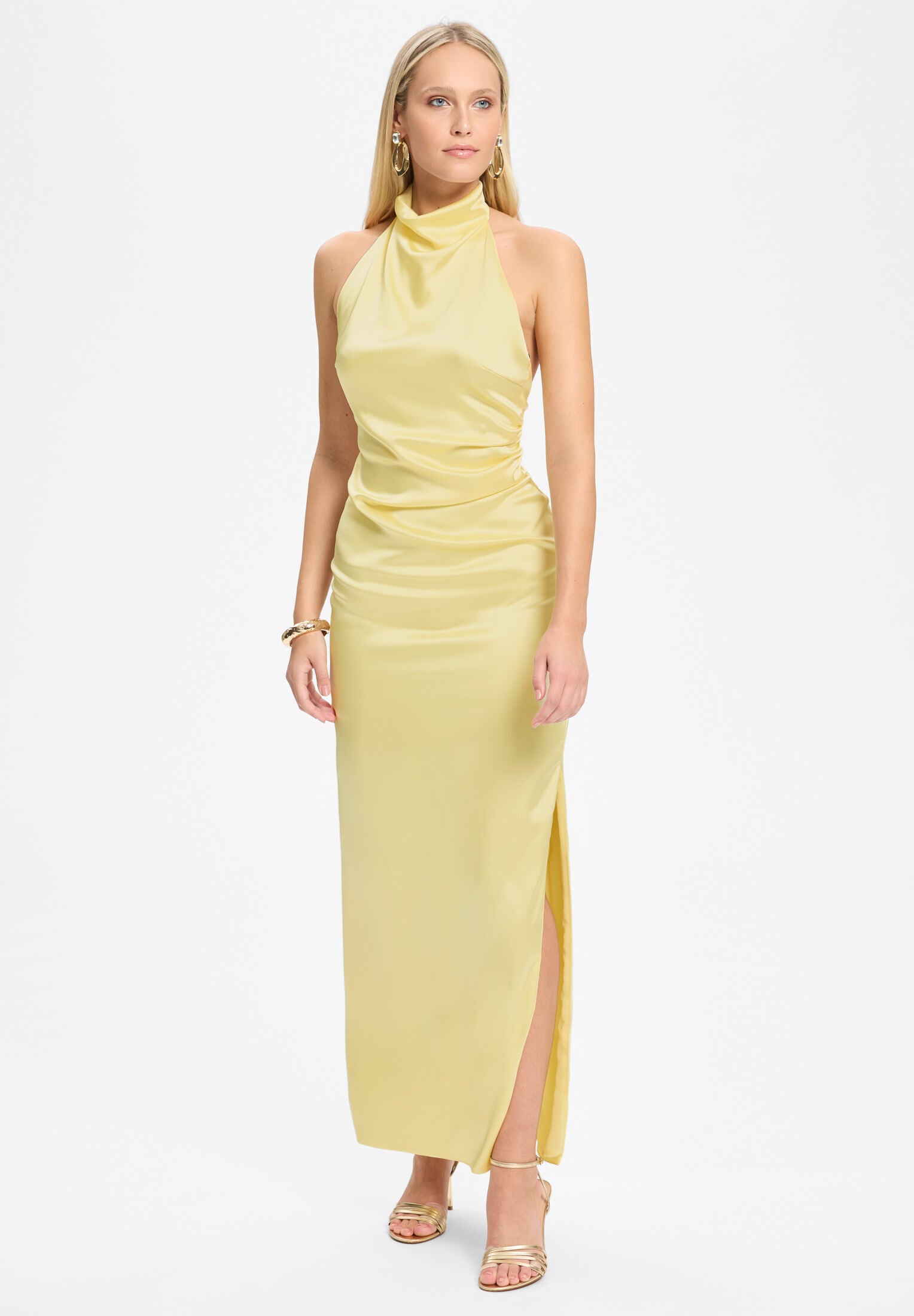 Figurbetontes Abendkleid aus Stretch Satin mit Drapierung am Kragen pastel yellow