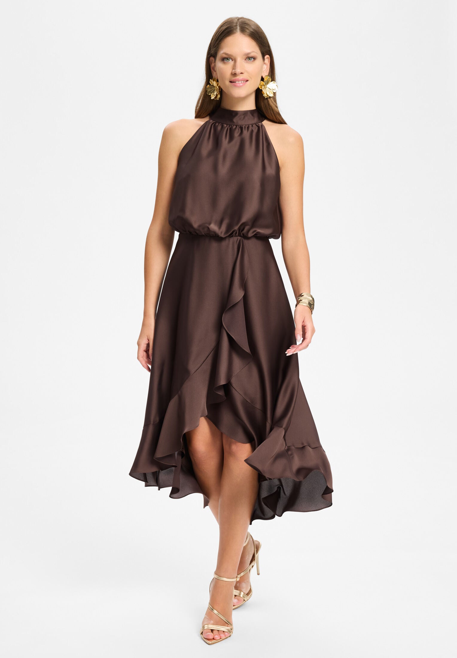 Cocktailkleid aus Satin mit Volant chocolate brown