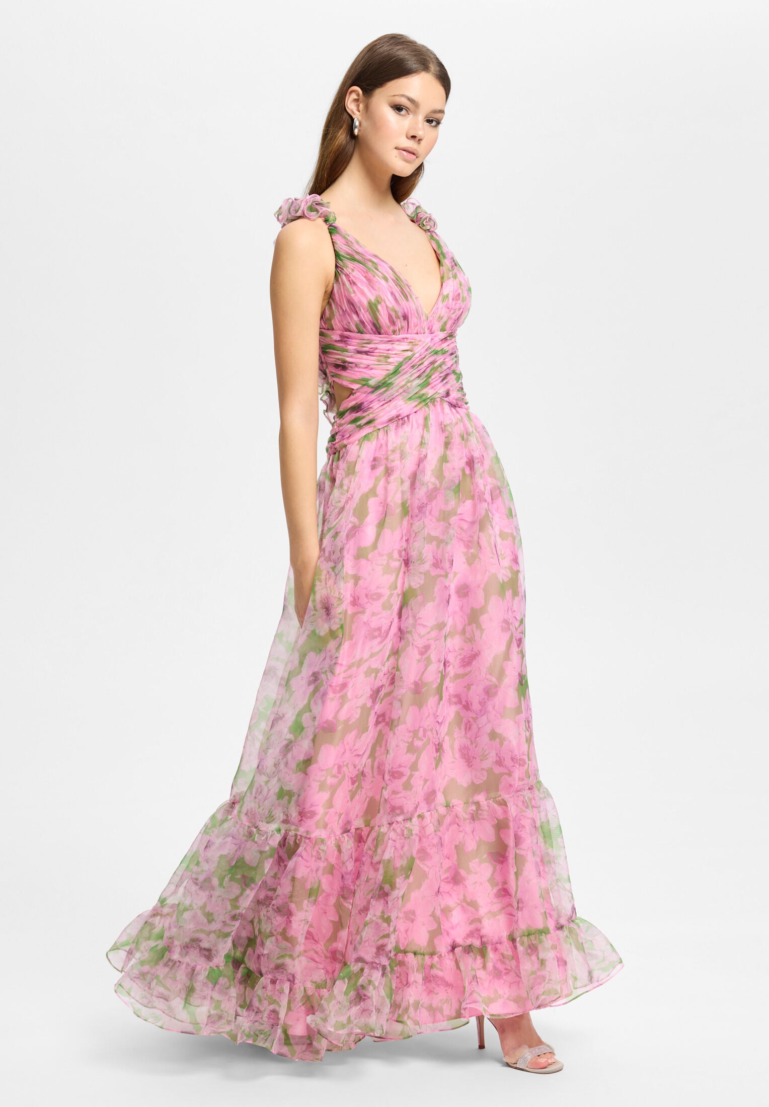 Abendkleid mit floralem Print und Rüschendetails