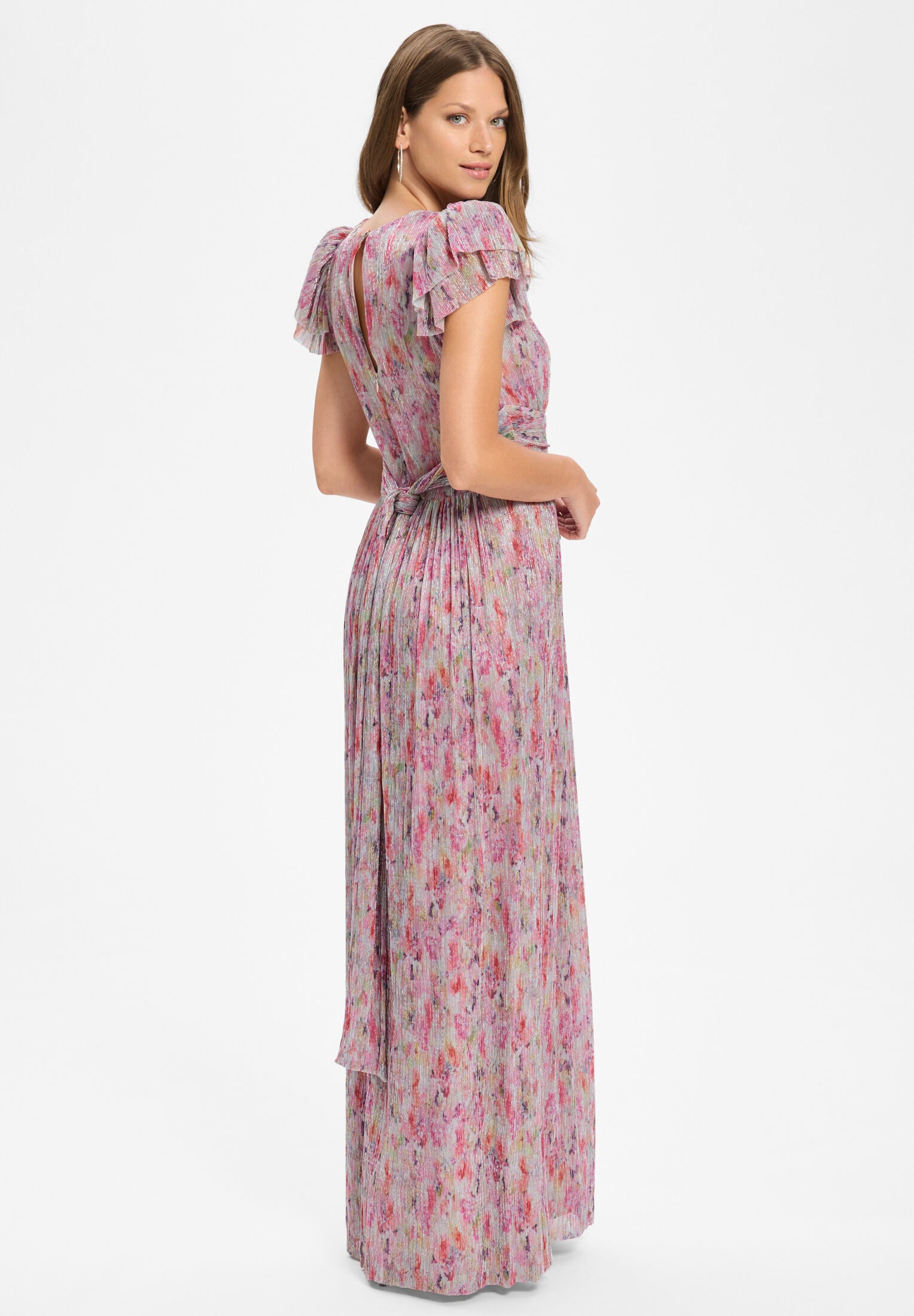 Abendkleid aus bedrucktem Plissee Jersey mit betonter Schulter