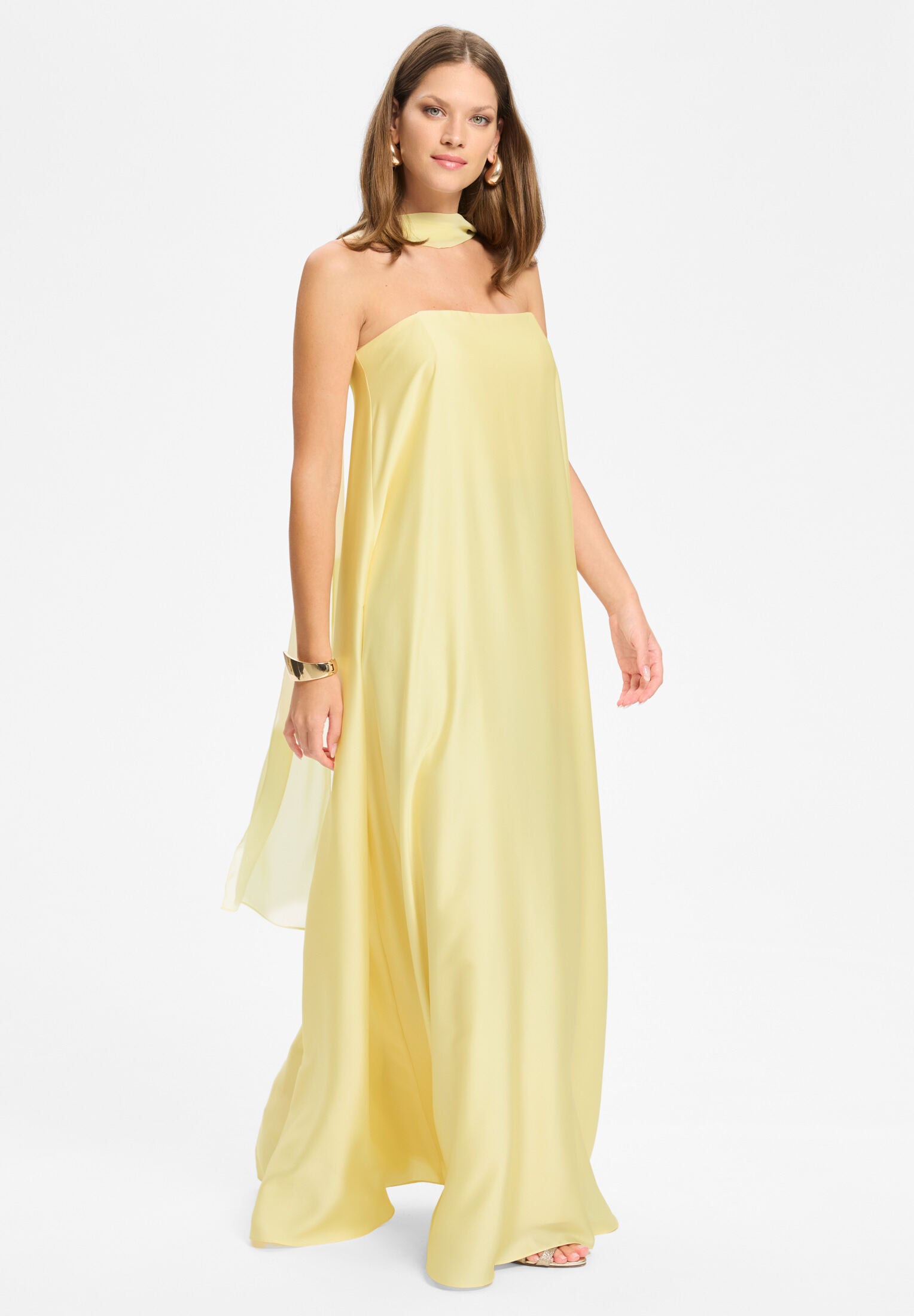 Trägerloses Abendkleid aus Satin Chiffon mit eingearbeiteter Korsage